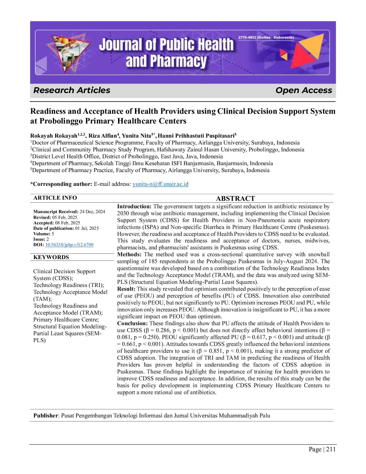 JURIS Readiness and Acceptance of Health Providers Using Clinical Decision Support System at Probolinggo Primary Healthcare Centers