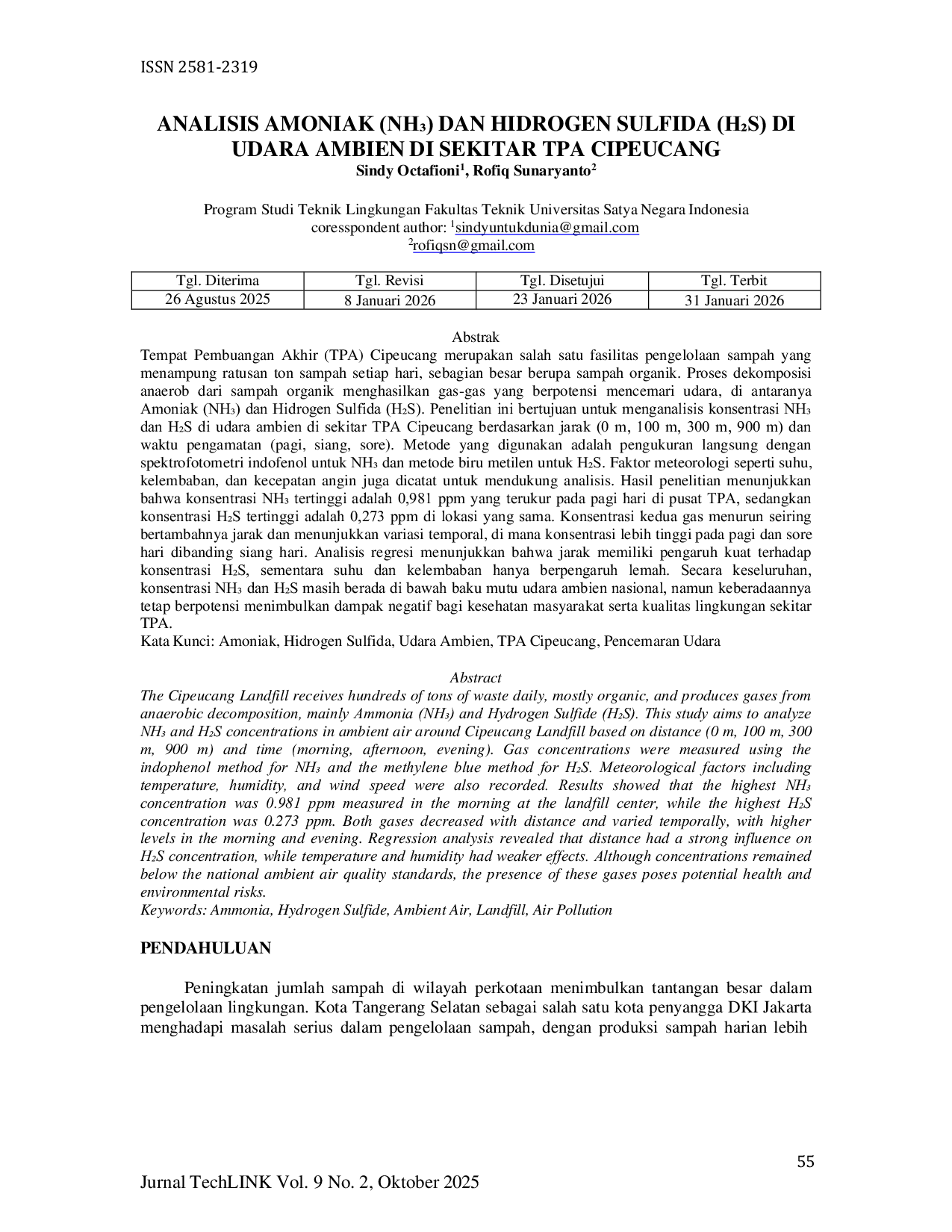 JURIS Analisis Amoniak NhCE Dan Hidrogen Sulfida HCCS Di Udara Ambien Di Sekitar Tpa Cipeucang