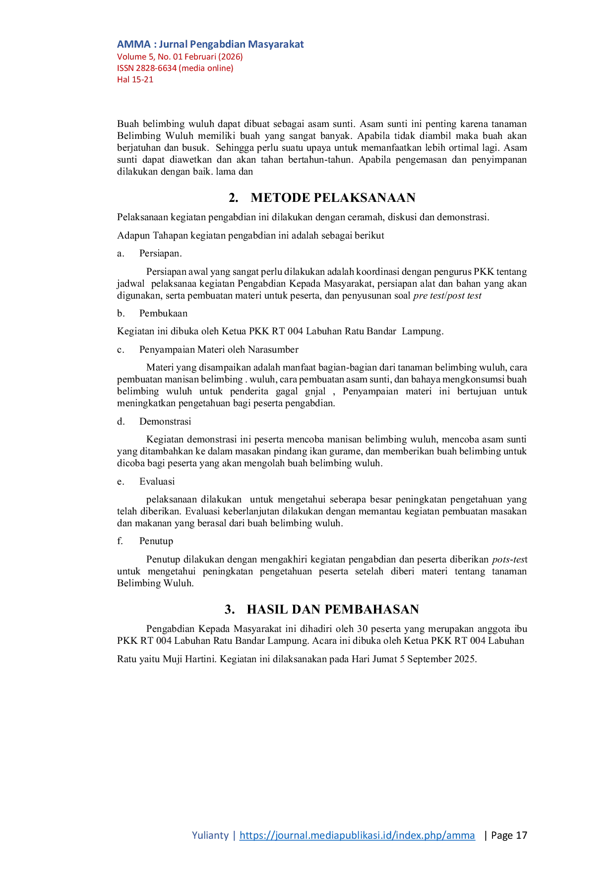 JURIS Optimalisasi Pemanfaatan Buah Belimbing Wuluh Averrhoa bilimbi L Bagi Ibu Ibu PKK RT 004 Kelurahan Labuhan Ratu Bandar Lampung