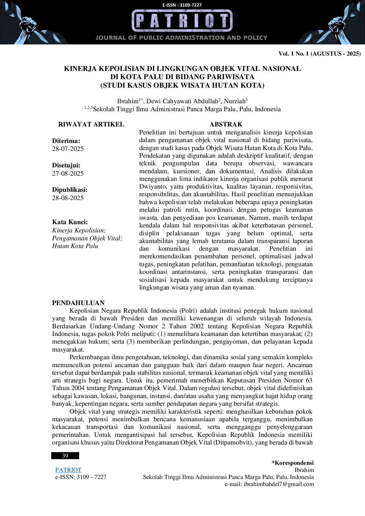JURIS Kinerja Kepolisian Di Lingkungan Objek Vital Nasional Di Kota Palu Di Bidang Pariwisata Studi Kasus Objek Wisata Hutan Kota