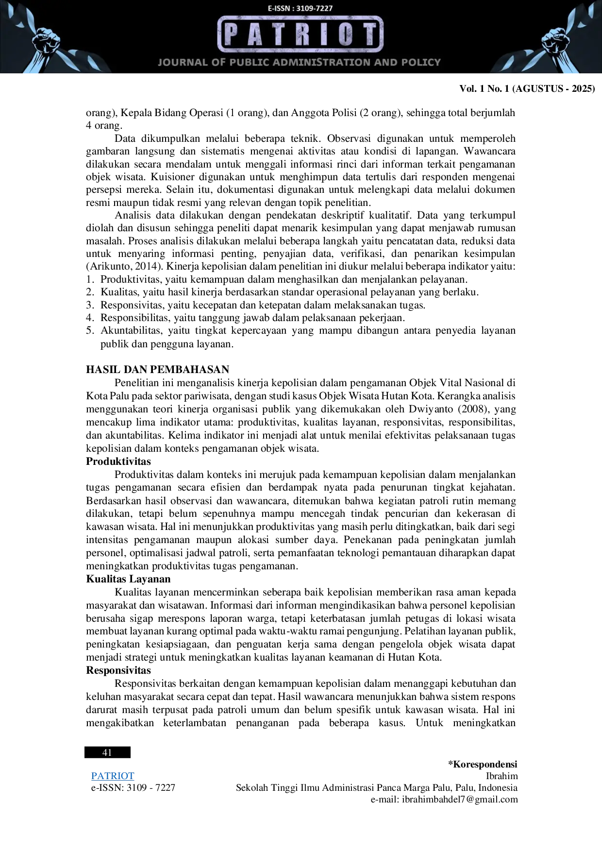 JURIS Kinerja Kepolisian Di Lingkungan Objek Vital Nasional Di Kota Palu Di Bidang Pariwisata Studi Kasus Objek Wisata Hutan Kota