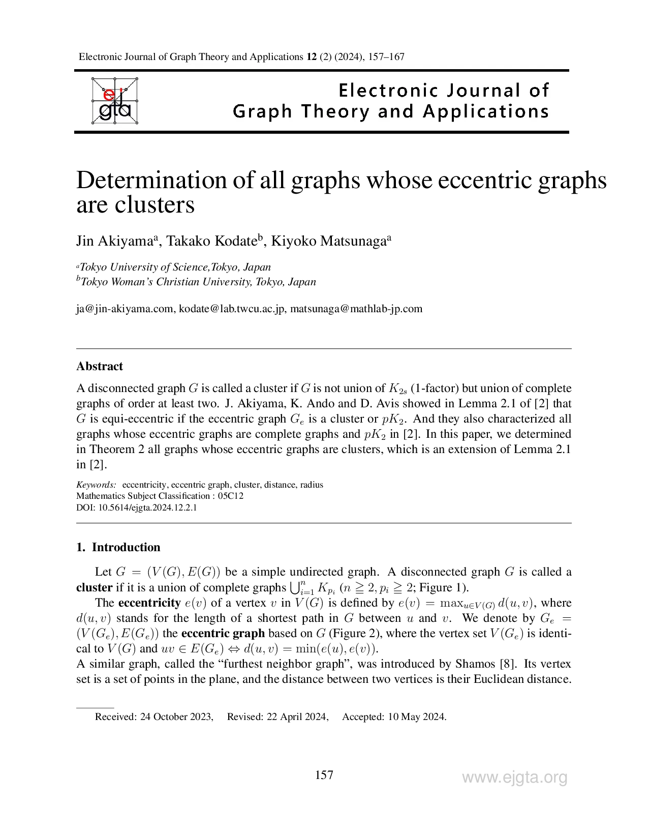 JURIS Determination of all graphs whose eccentric graphs are clusters