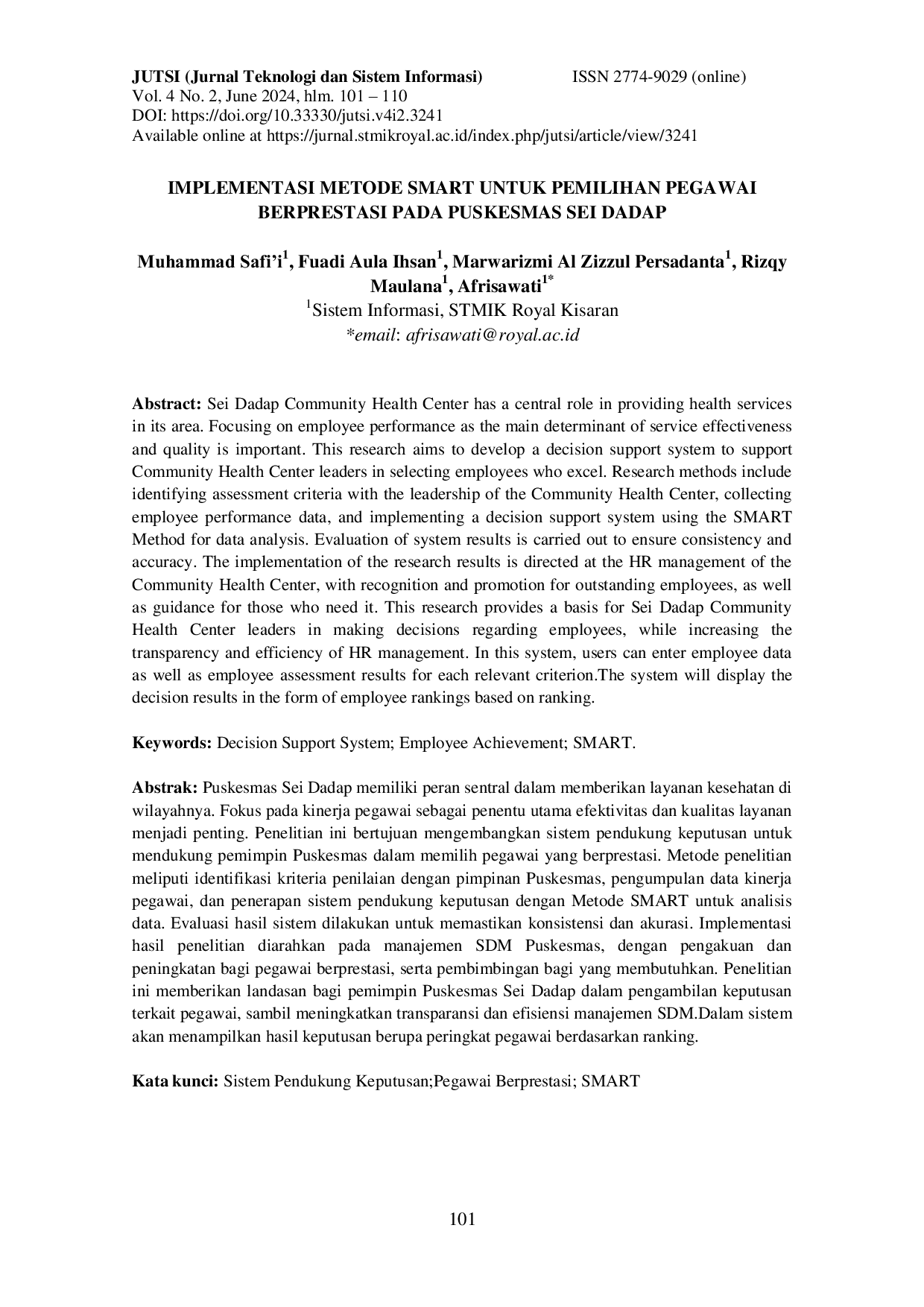 JURIS Implementasi Metode Smart Untuk Pemilihan Pegawai Berprestasi Pada Puskesmas Sei Dadap