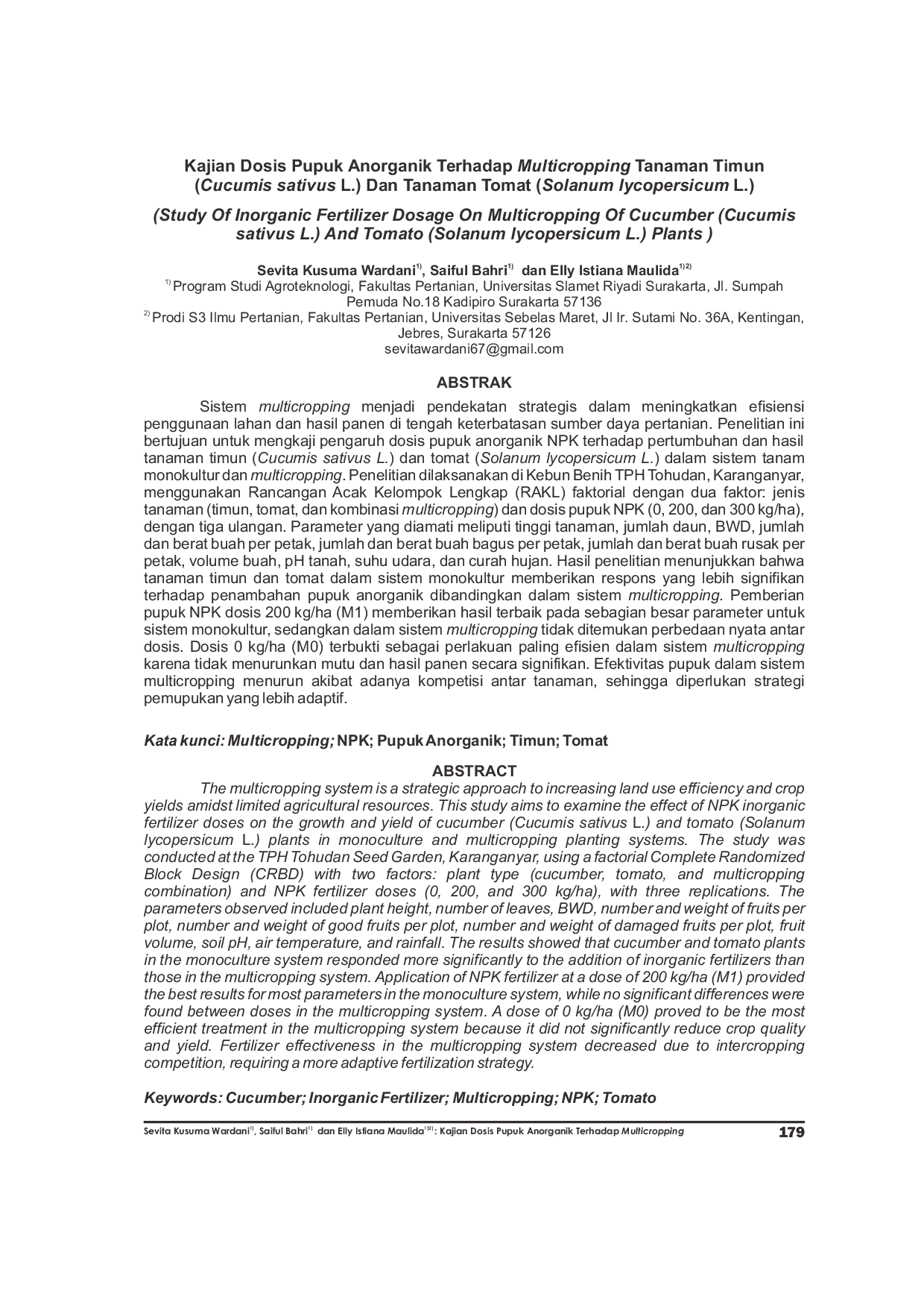 JURIS Kajian Dosis Pupuk Anorganik Terhadap Multicropping Tanaman Timun Cucumis sativus L Dan Tanaman Tomat Solanum lycopersicum L
