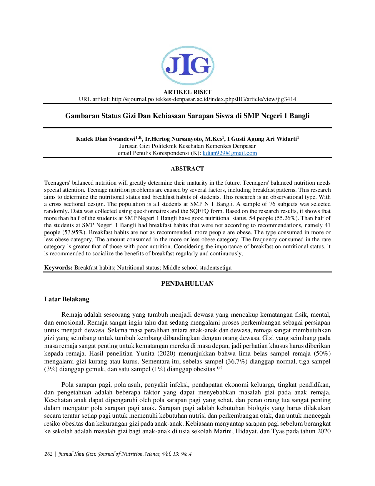 JURIS Gambaran Status Gizi Dan Kebiasaan Sarapan Siswa di SMP Negeri 1 Bangli