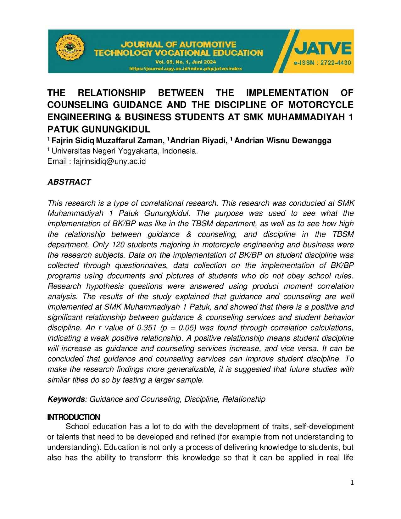 JURIS The Relationship Between the Implementation of Counseling Guidance and the Discipline of Motorcycle Engineering Business Students at SMK Muhammadiyah 1 Patuk Gunungkidul