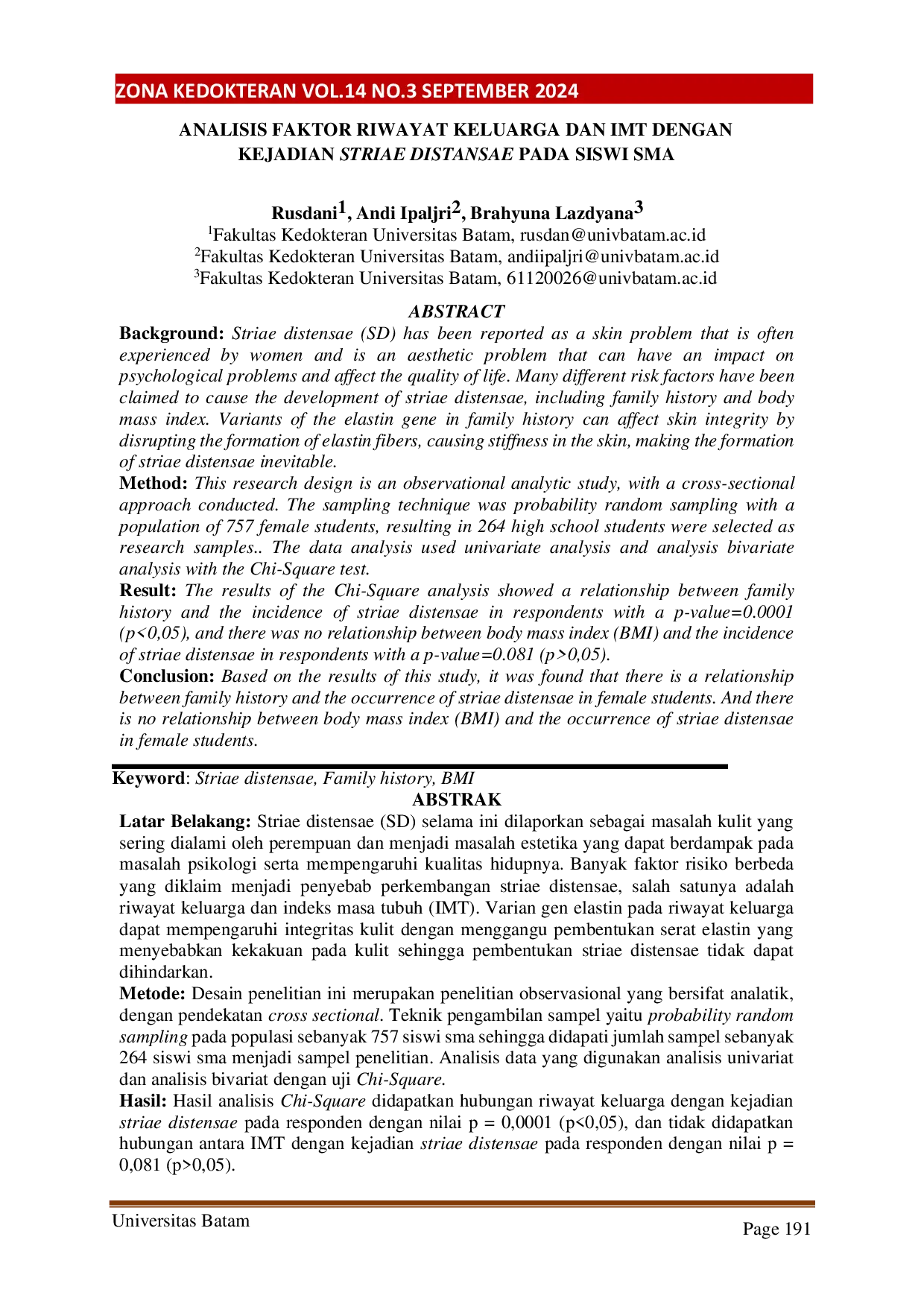 JURIS Analisis Faktor Riwayat Keluarga dan IMT dengan Kejadian Striae Distansae pada Siswi SMA