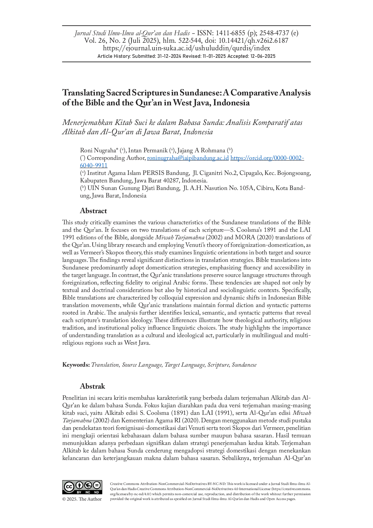 JURIS Translating Sacred Scriptures in Sundanese A Comparative Analysis of the Bible and the Qur an in West Java Indonesia