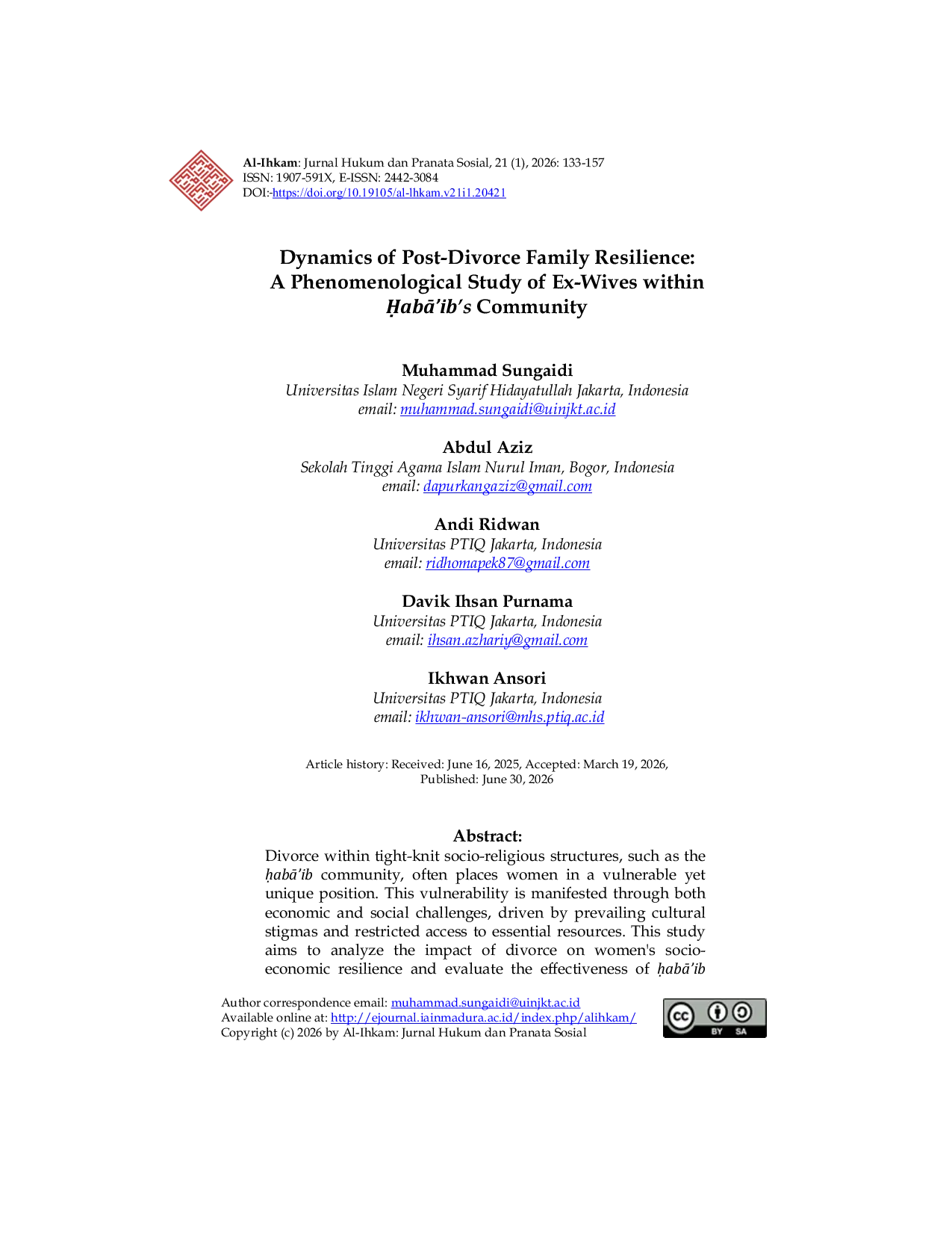 JURIS Dynamics of Post Divorce Family Resilience A Phenomenological Study of Ex Wives within abA ib s Community