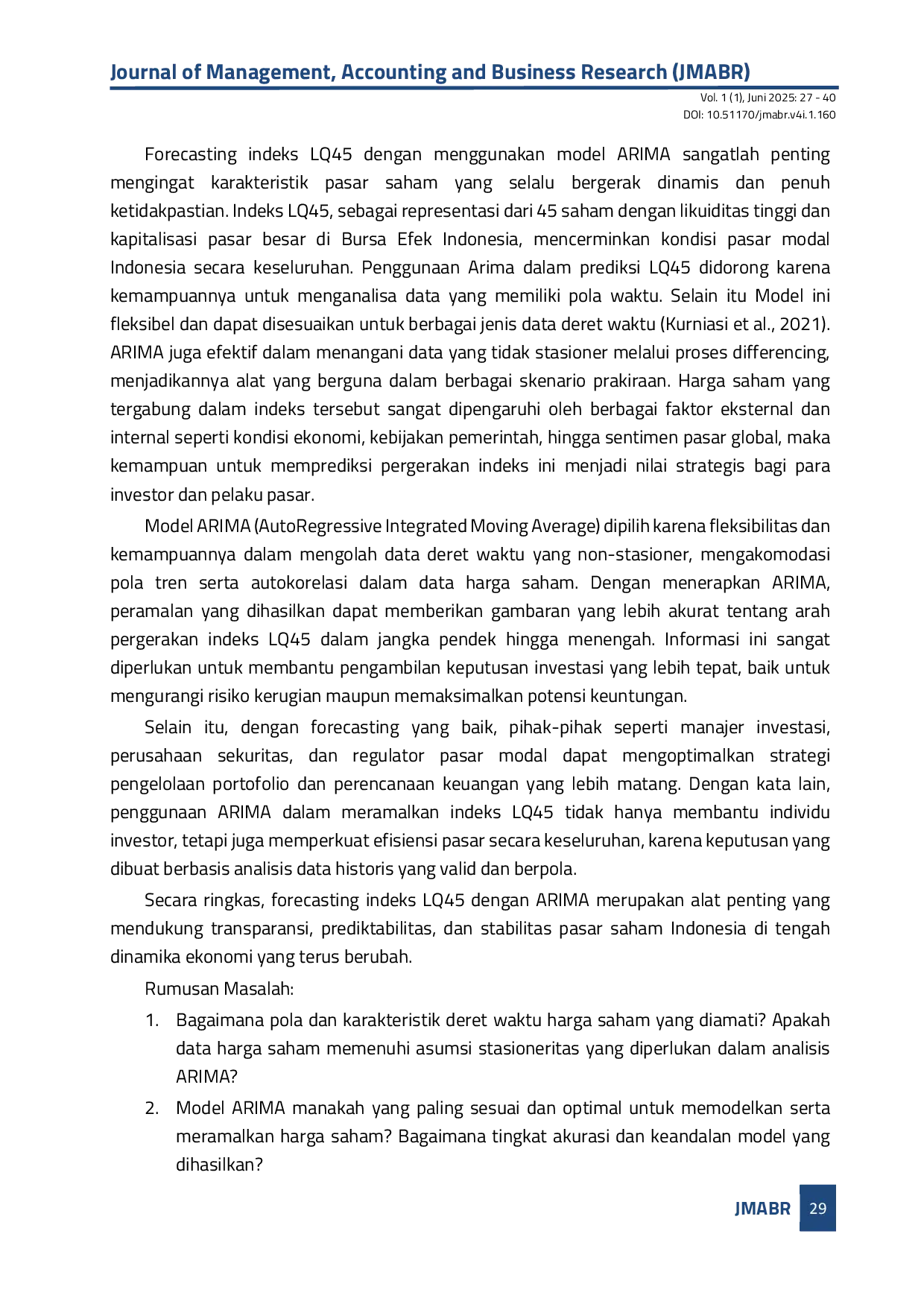 JURIS Time Series Forecasting of LQ45 Stock Index Using ARIMA