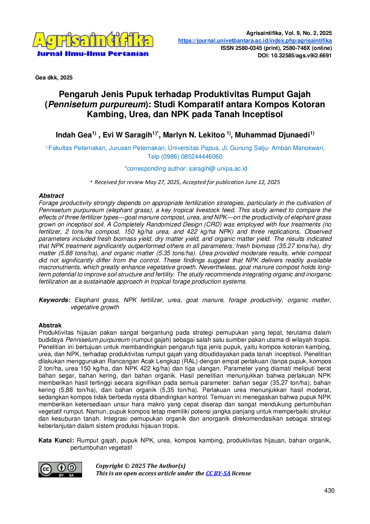JURIS Pengaruh Jenis Pupuk terhadap Produktivitas Rumput Gajah Pennisetum purpureum Studi Komparatif antara Kompos Kotoran Kambing Urea dan NPK pada Tanah Inceptisol