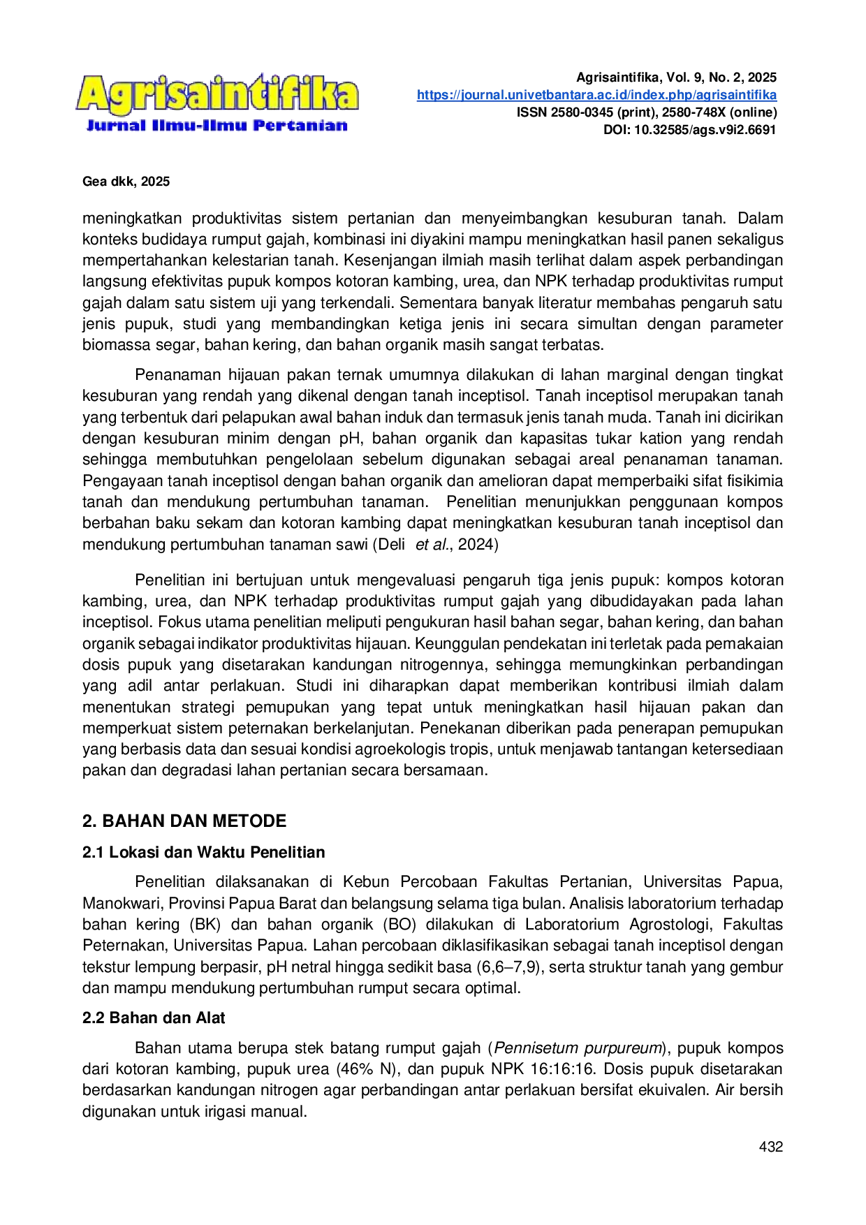 JURIS Pengaruh Jenis Pupuk terhadap Produktivitas Rumput Gajah Pennisetum purpureum Studi Komparatif antara Kompos Kotoran Kambing Urea dan NPK pada Tanah Inceptisol