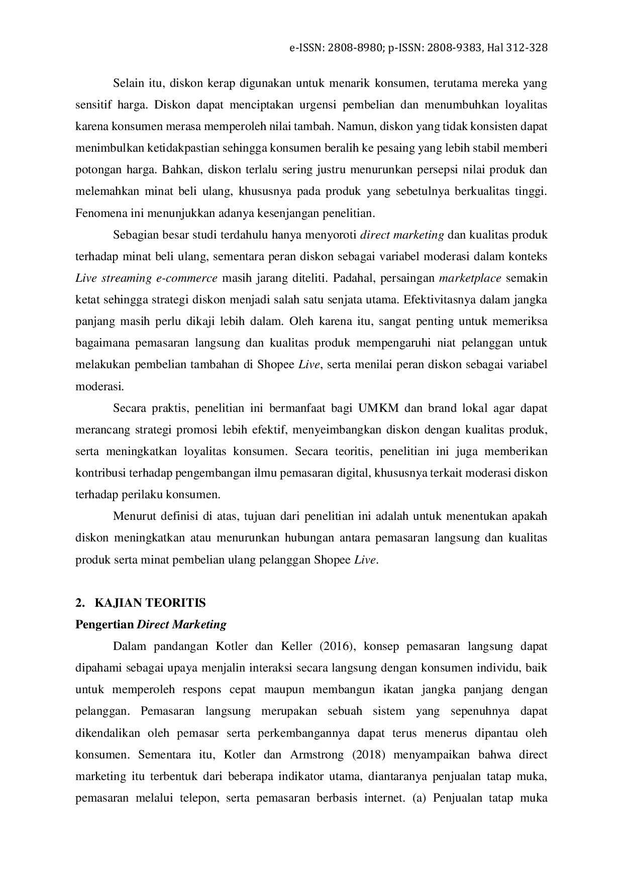 JURIS Pengaruh Direct Marketing dan Kualitas Produk terhadap Minat Beli Ulang pada Live Streaming e commerce Shopee dengan Diskon Sebagai Variabel Moderasi Studi Kasus pada Pengguna Shopee di Kabupaten