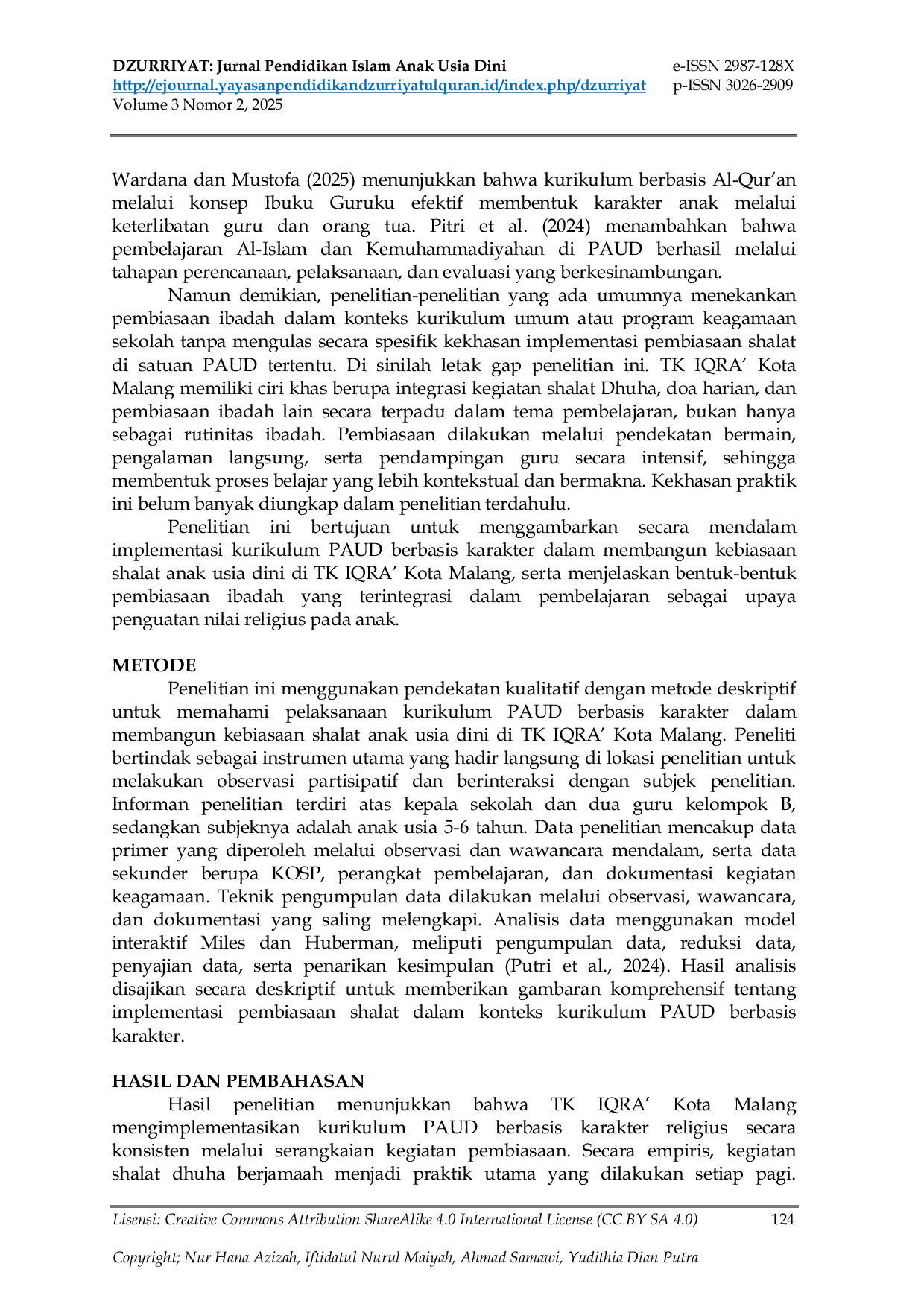 JURIS Implementasi Kurikulum PAUD Berbasis Karakter dalam Pembentukan Kebiasaan Shalat Anak di TK IQRA Malang