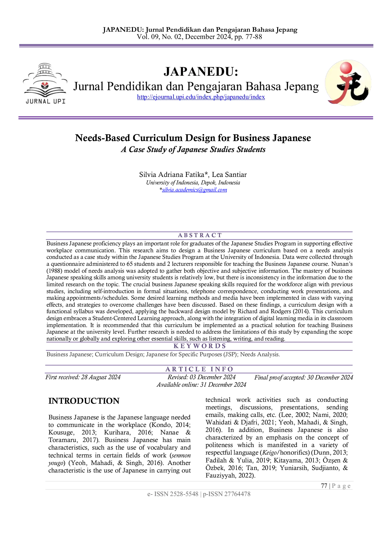 JURIS Needs Based Curriculum Design for Business Japanese A Case Study of Japanese Studies Students