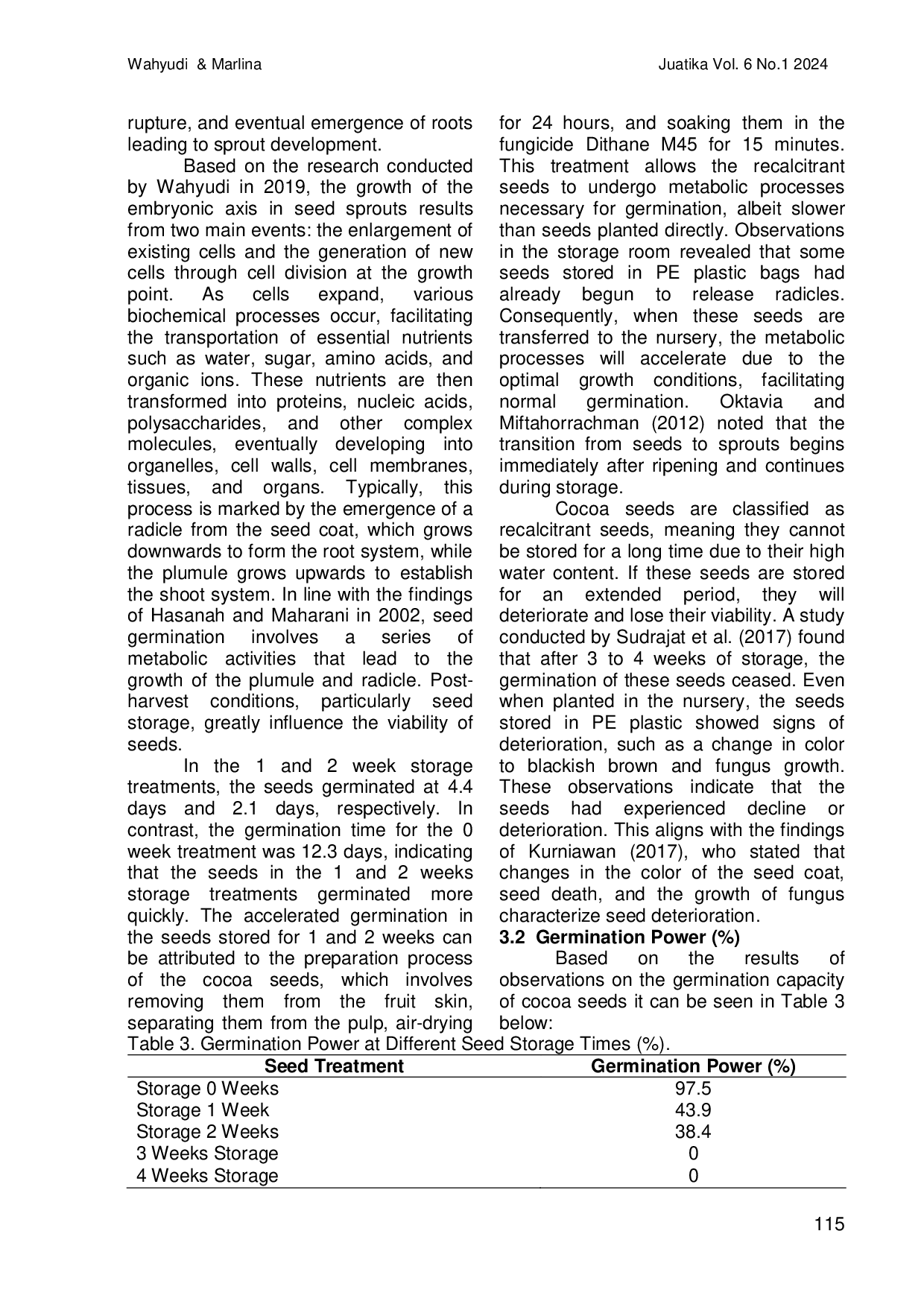 JURIS Test For Germination of Cocoa Seeds Theobroma cacao L Using Different Storage Lengths