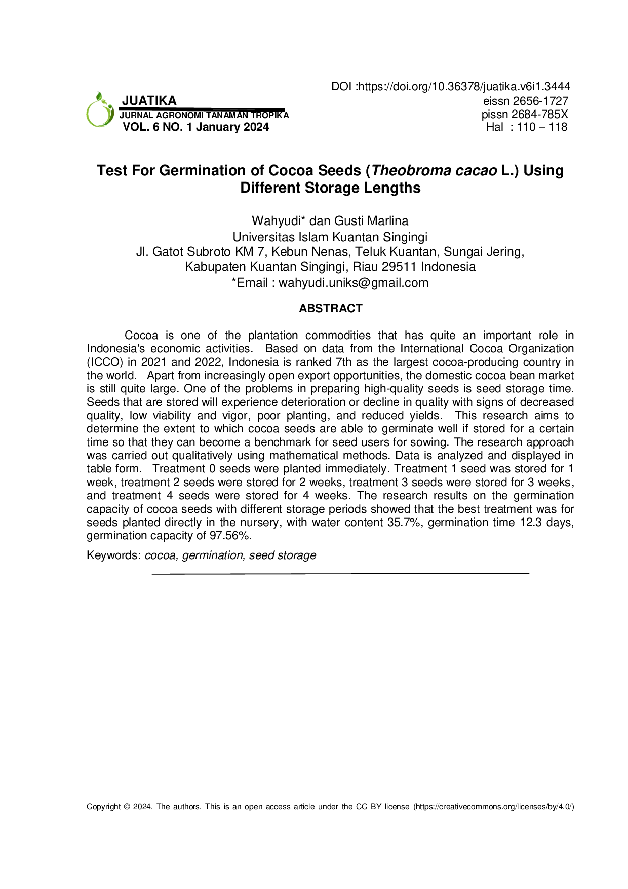 JURIS Test For Germination of Cocoa Seeds Theobroma cacao L Using Different Storage Lengths