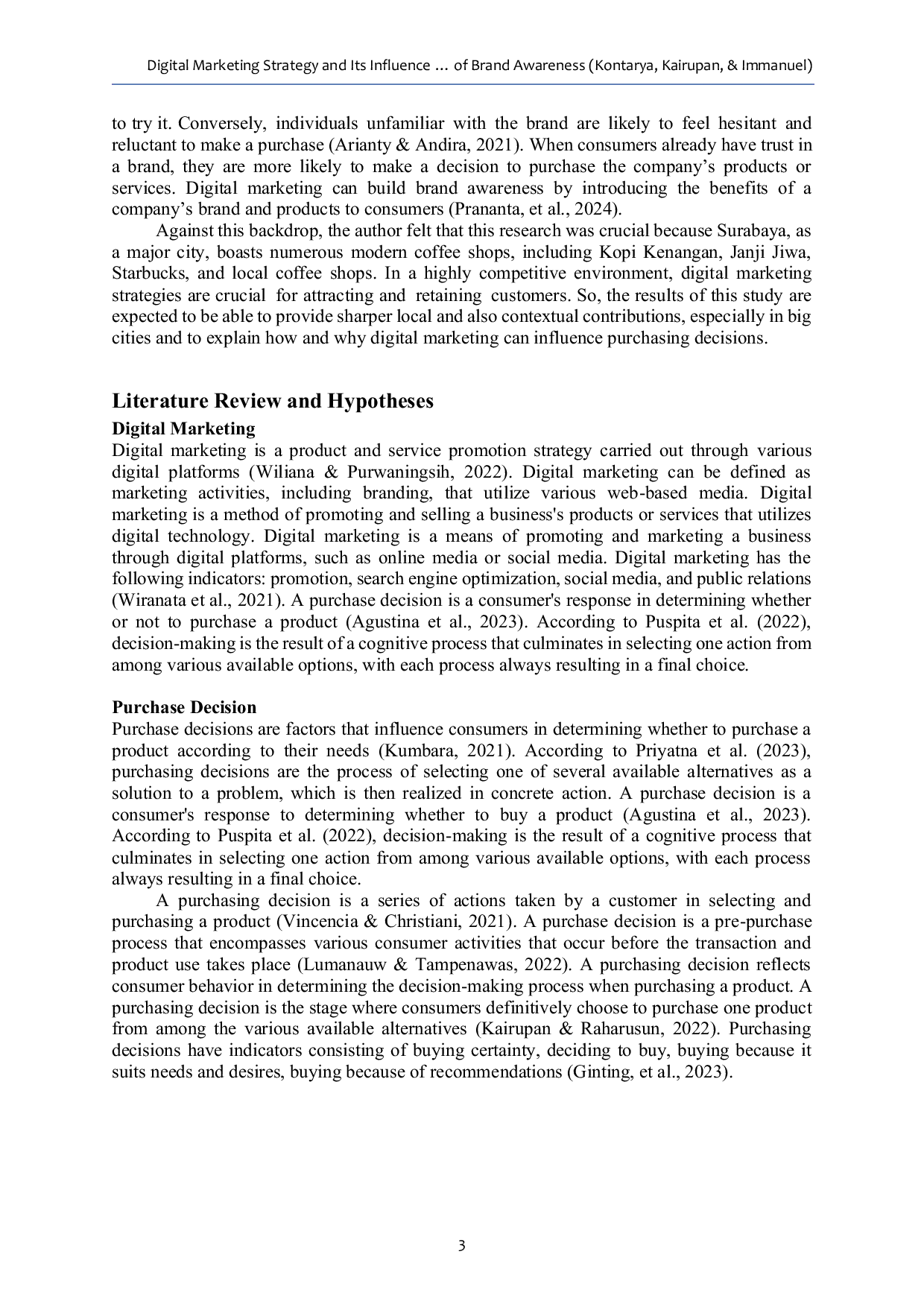 JURIS Digital Marketing Strategy and Its Influence on Consumer Purchasing Decisions at Kopi Kenangan Surabaya The Mediating Role of Brand Awareness