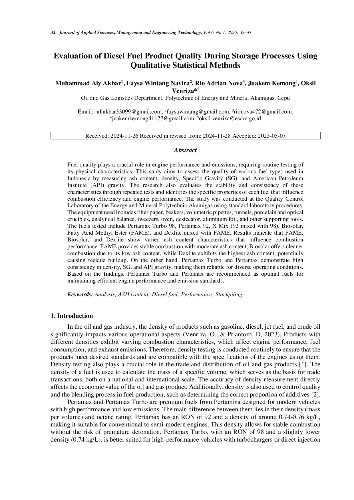 JURIS Evaluation of Diesel Fuel Product Quality During Storage Processes Using Qualitative Statistical Methods