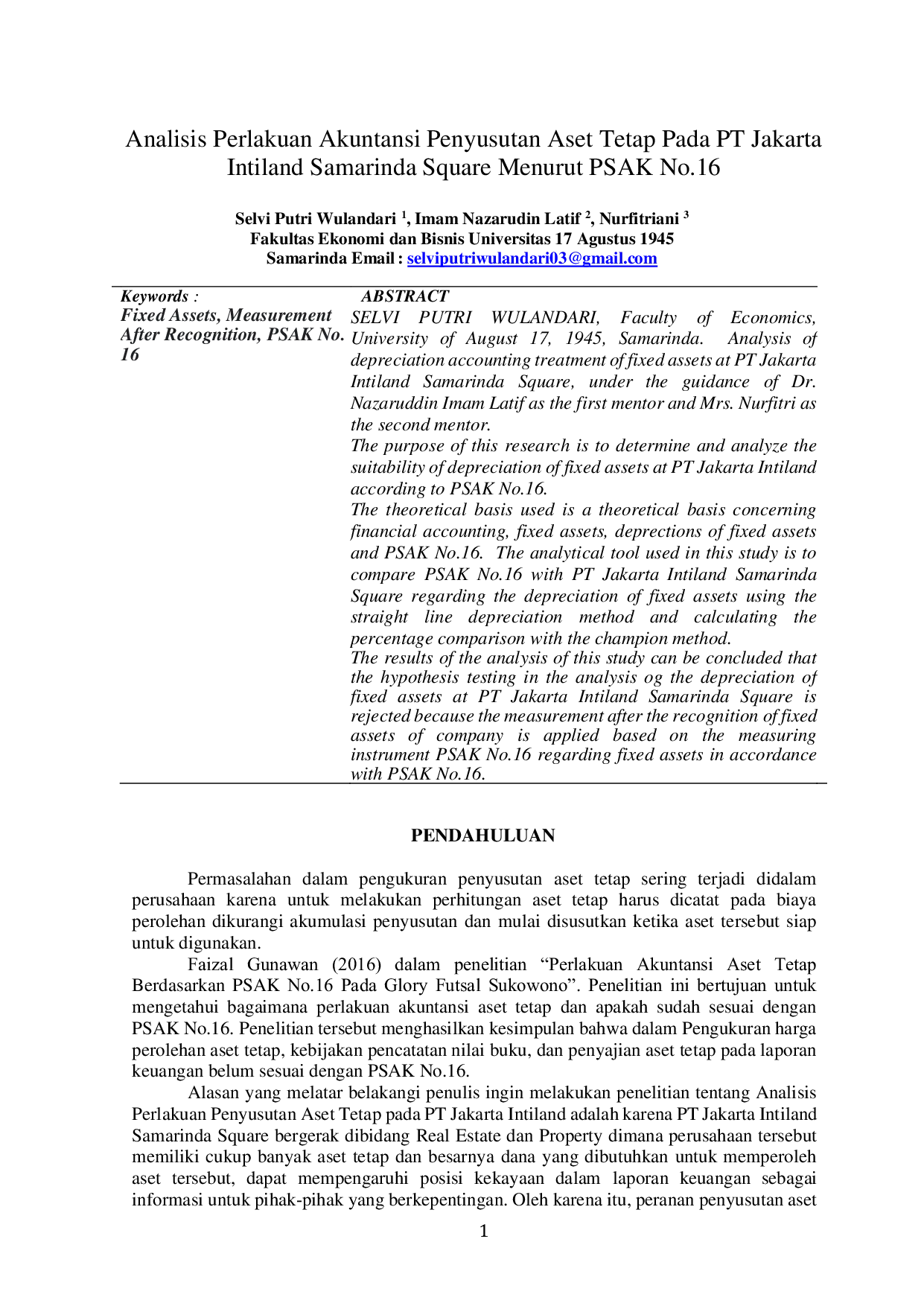 JURIS Analisis Perlakuan Akuntansi Penyusutan Aset Tetap Pada PT Jakarta Intiland Samarinda Square Menurut PSAK No 16
