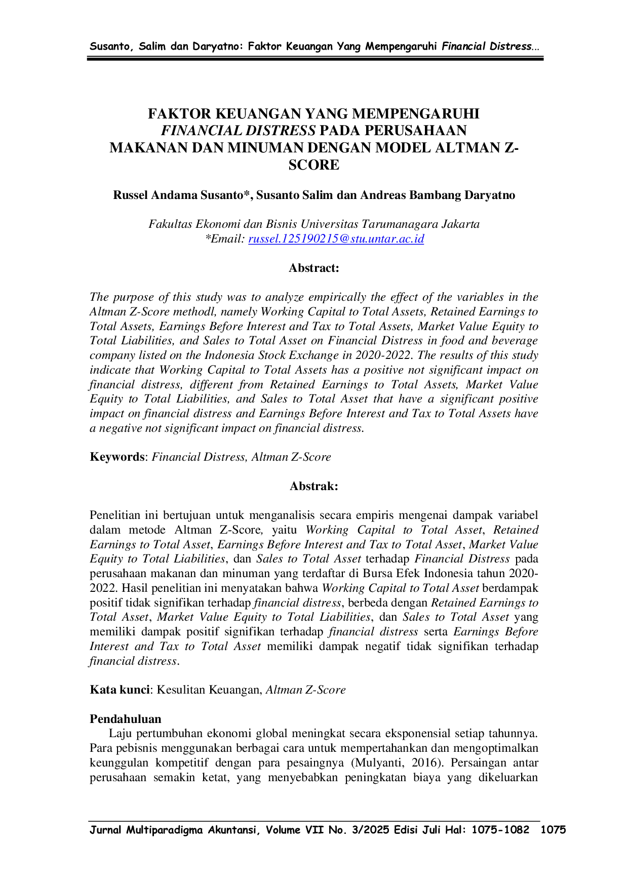 JURIS Faktor Keuangan Yang Mempengaruhi Financial Distress Pada Perusahaan Makanan Dan Minuman Dengan Model Altman Z Score