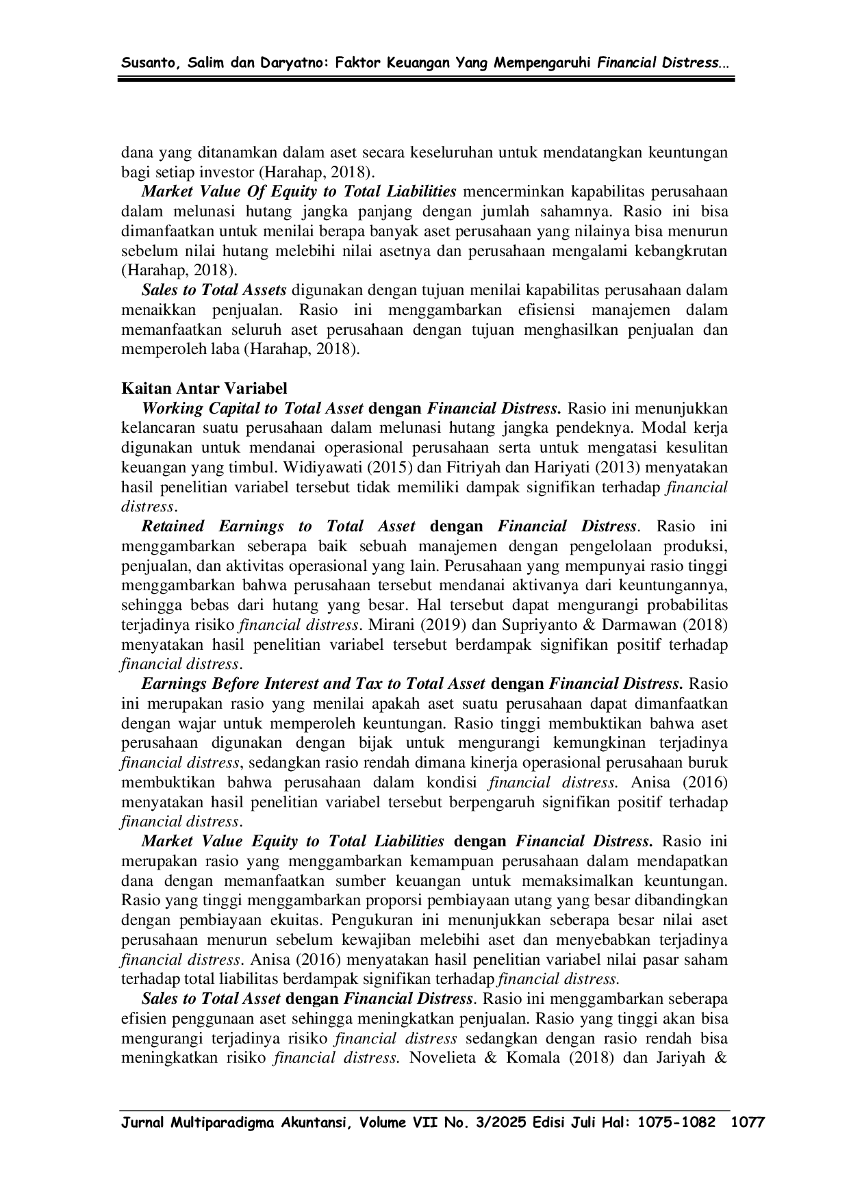 JURIS Faktor Keuangan Yang Mempengaruhi Financial Distress Pada Perusahaan Makanan Dan Minuman Dengan Model Altman Z Score