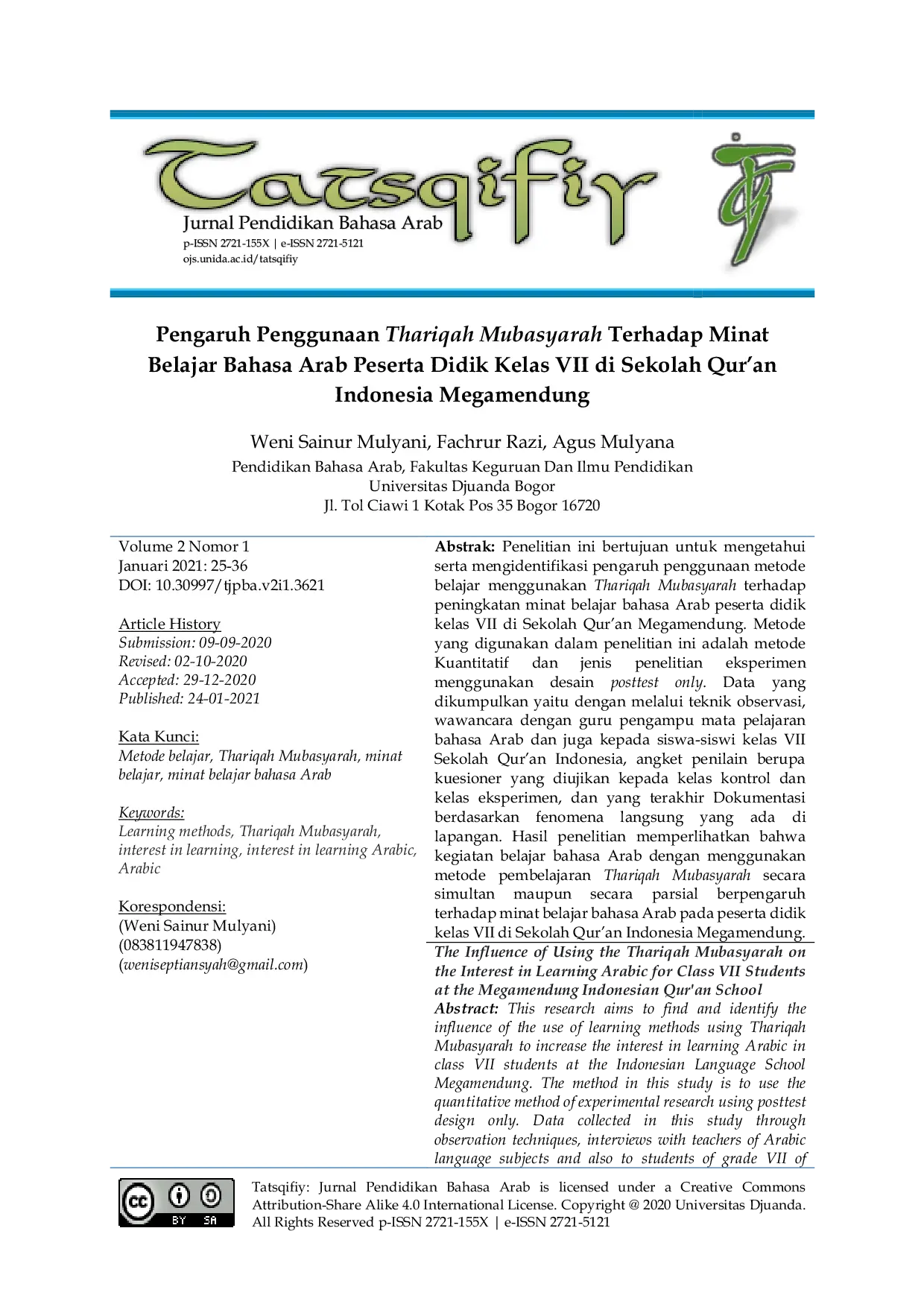 JURIS Pengaruh Penggunaan Thariqah Mubasyarah Terhadap Minat Belajar Bahasa Arab Peserta Didik Kelas VII di Sekolah Qur an Indonesia Megamendung