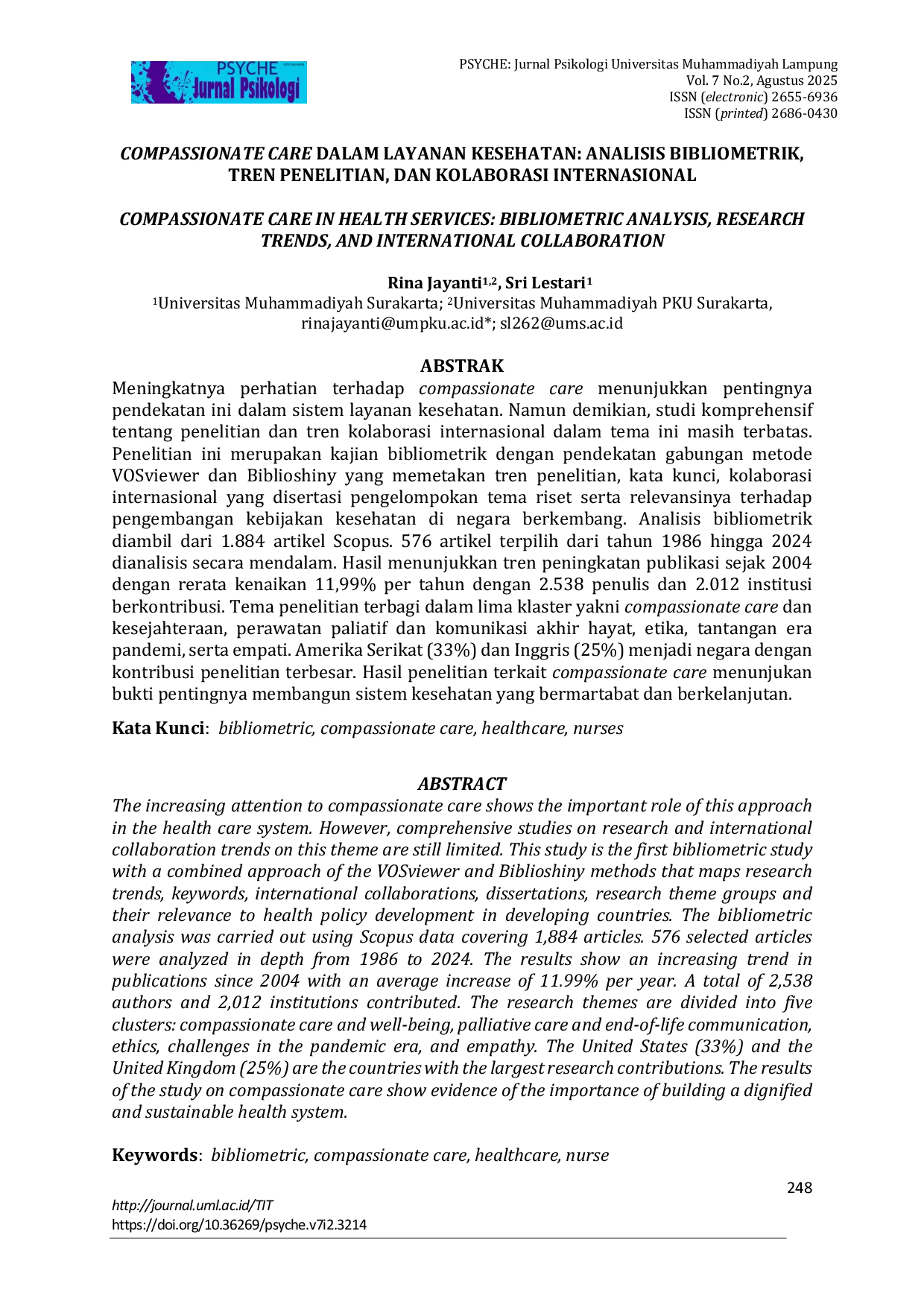 JURIS Compassionate Care dalam Layanan Kesehatan Analisis Bibliometrik Tren Penelitian dan Kolaborasi Internasional