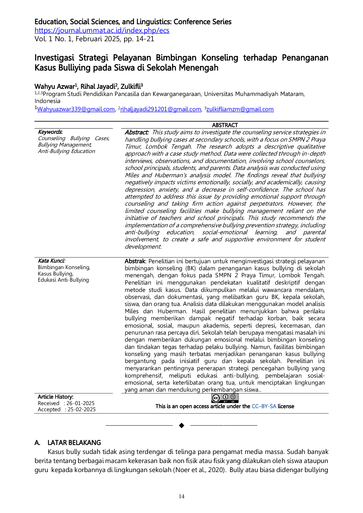 JURIS Investigasi Strategi Pelayanan Bimbingan Konseling terhadap Penanganan Kasus Bulliying pada Siswa di Sekolah Menengah