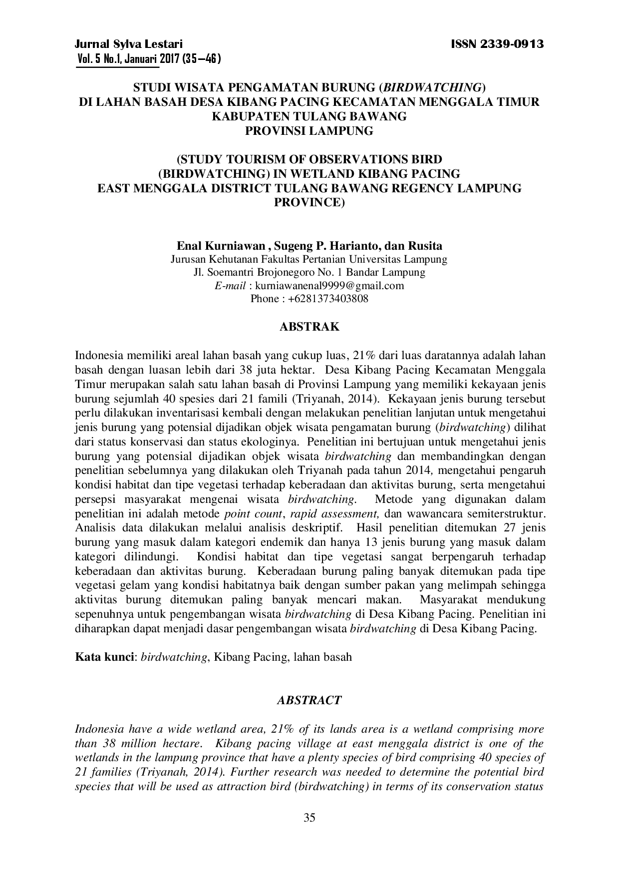 juris Studi Wisata Pengamatan Burung Birdwatching Di Lahan Basah Desa Kibang Pacing Kecamatan Menggala Timur Kabupaten Tulang Bawang Provinsi Lampung