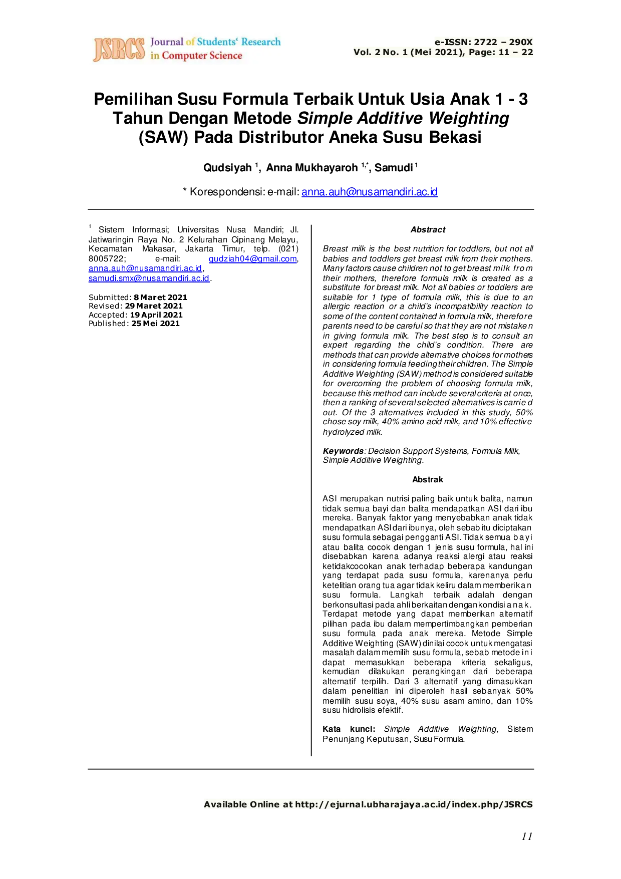 JURIS Pemilihan Susu Formula Terbaik Untuk Usia Anak 1 3 Tahun Dengan Metode Simple Additive Weighting SAW Pada Distributor Aneka Susu Bekasi