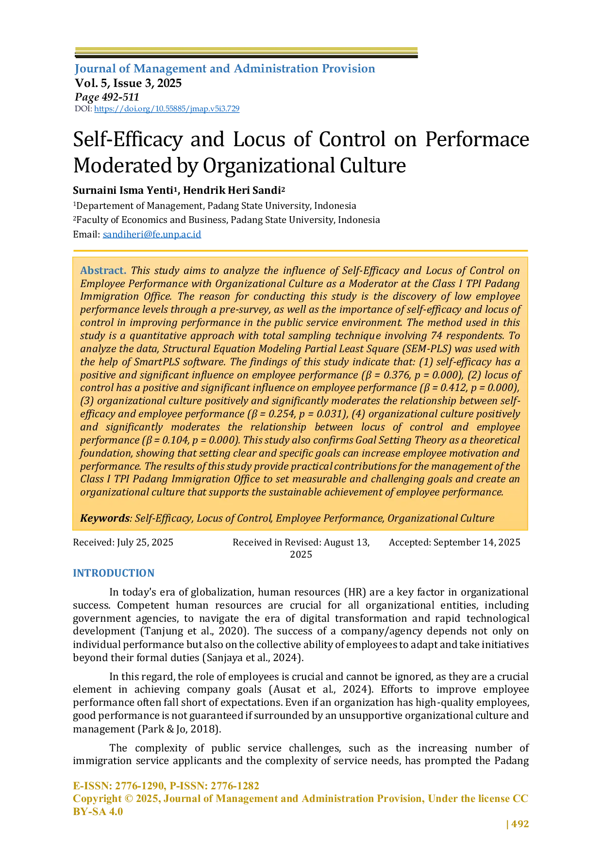 JURIS Self Efficacy and Locus of Control on Performace Moderated by Organizational Culture