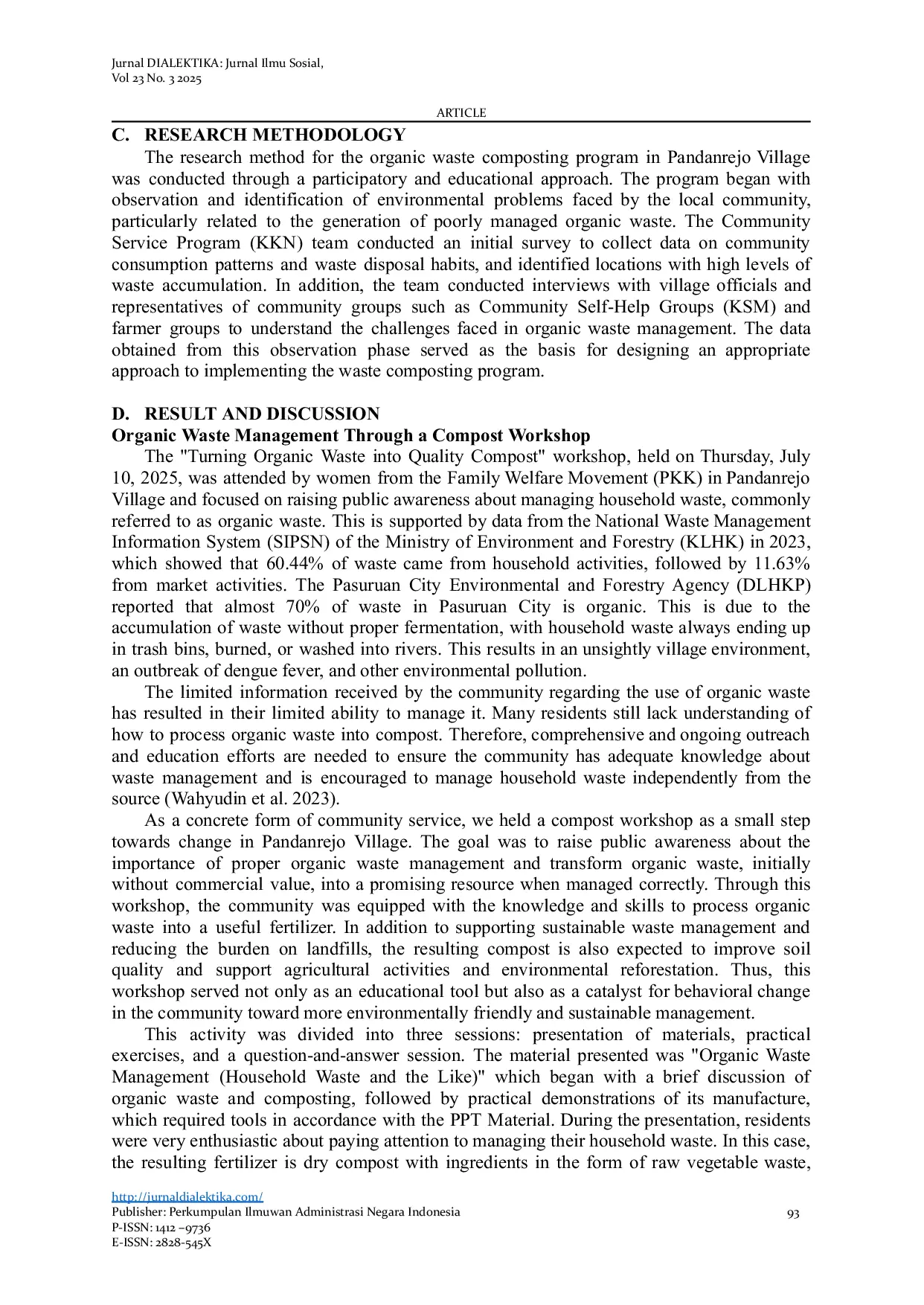 JURIS Organic Waste Management Through A Composting Workshop to Increase Ecological Awareness of Pandanrejo Residents