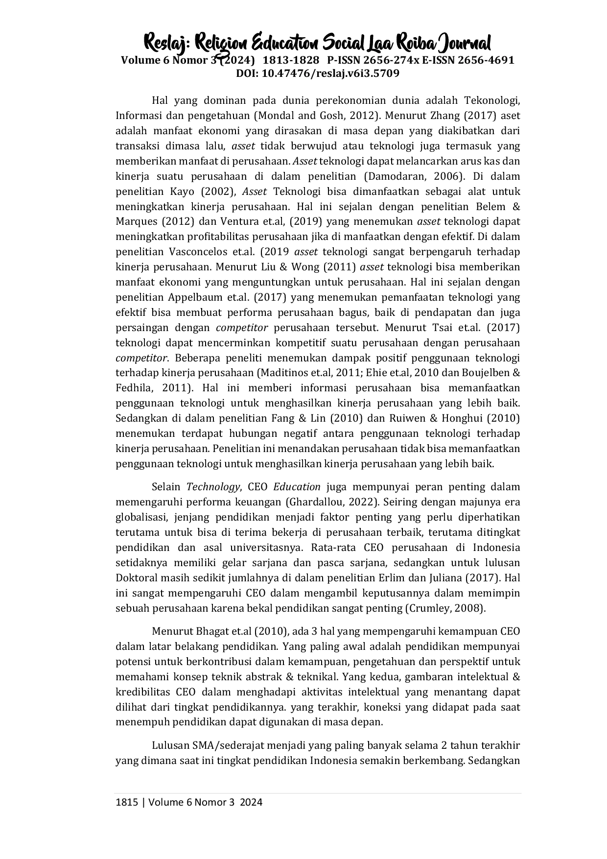 JURIS Pengaruh CSR Technology dan CEO Education Terhadap Profitabilitas Perusahaan Manufaktur yang Terdaftar di Bursa Efek Indonesia