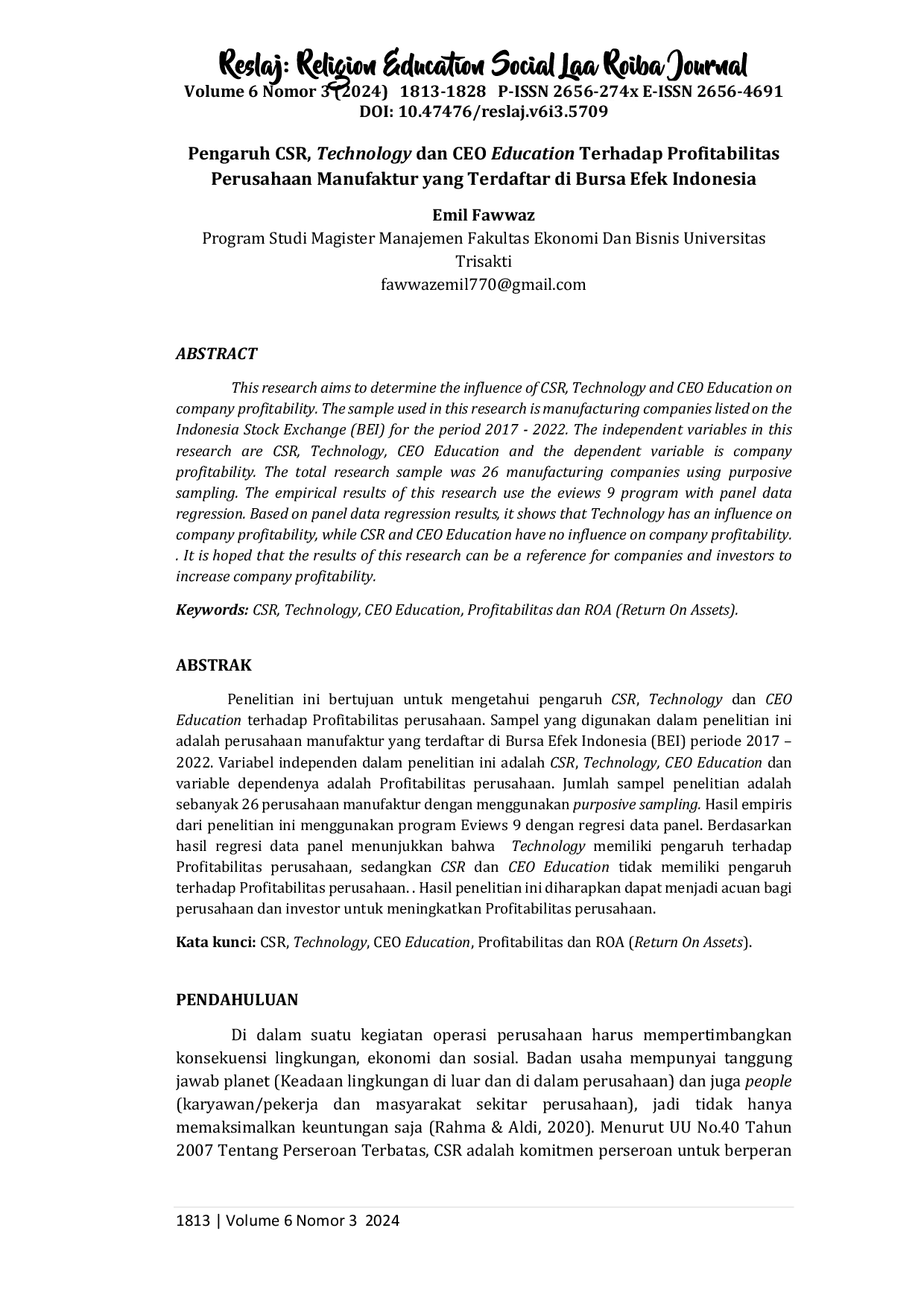 JURIS Pengaruh CSR Technology dan CEO Education Terhadap Profitabilitas Perusahaan Manufaktur yang Terdaftar di Bursa Efek Indonesia