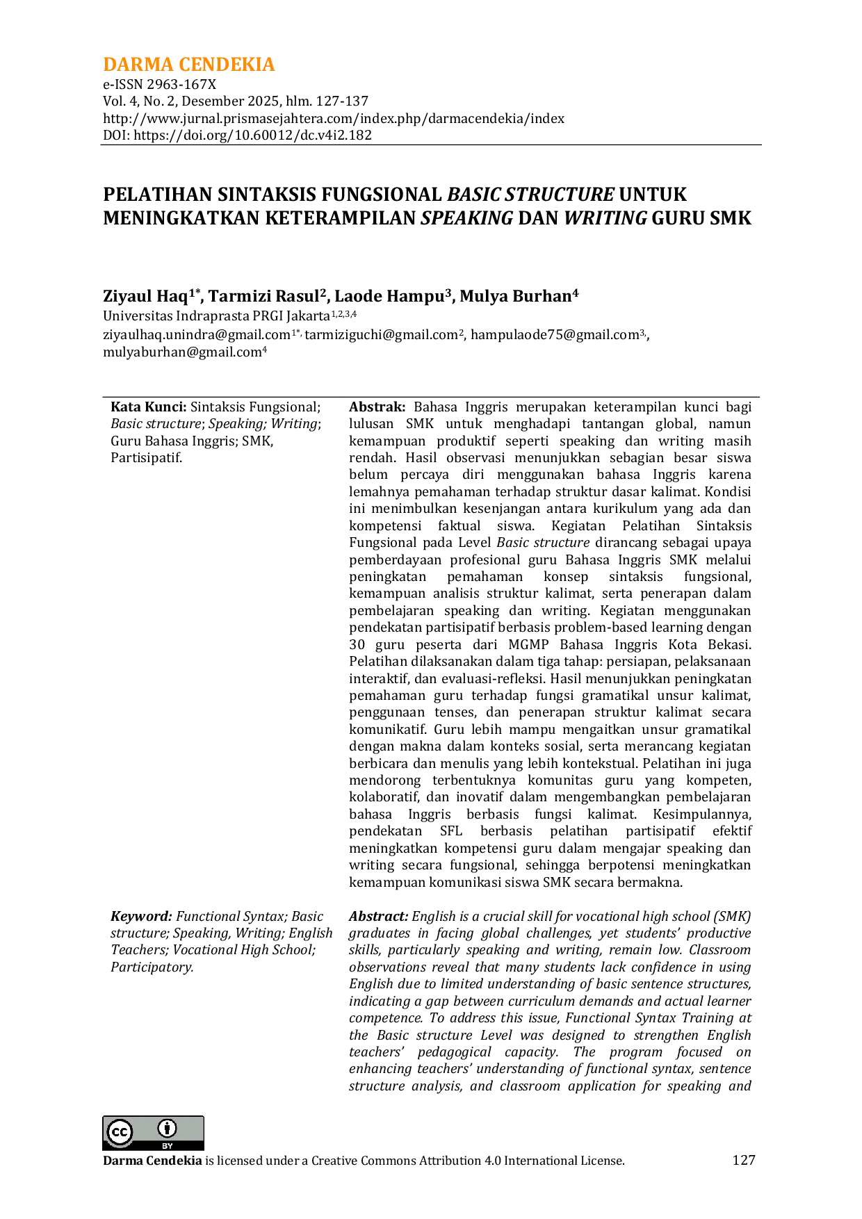 JURIS Pelatihan Sintaksis Fungsional Basic Structure Untuk Meningkatkan Keterampilan Speaking Dan Writing Guru Smk