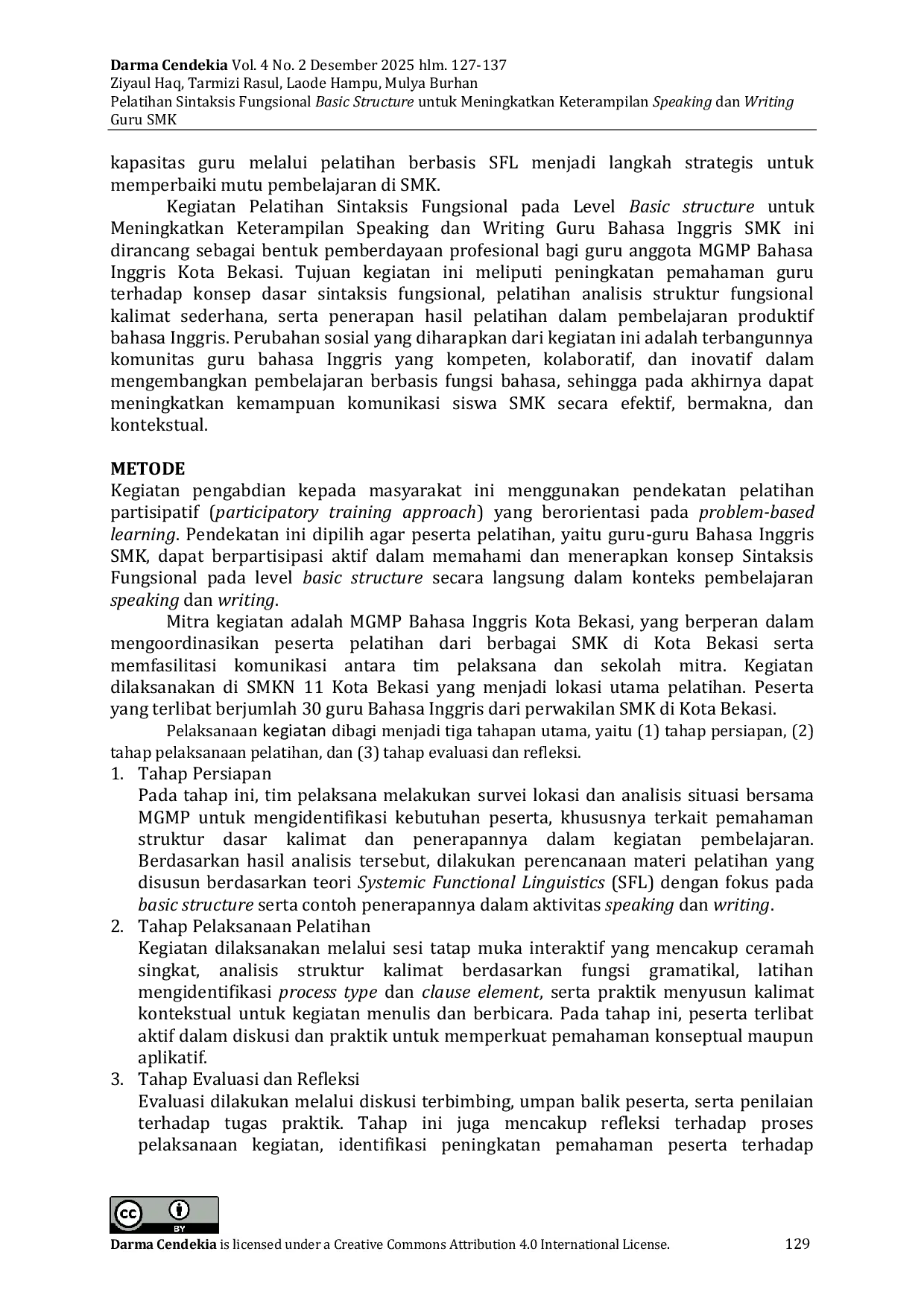 JURIS Pelatihan Sintaksis Fungsional Basic Structure Untuk Meningkatkan Keterampilan Speaking Dan Writing Guru Smk