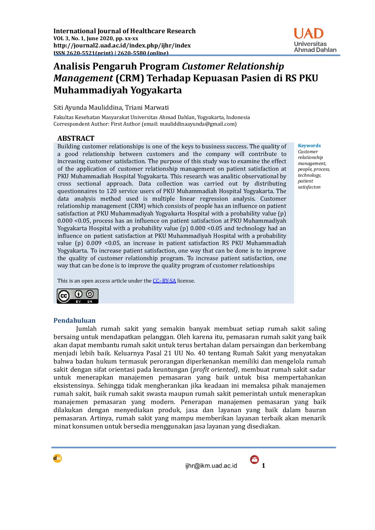 JURIS Analisis Pengaruh Program Customer Relationship Management CRM Terhadap Kepuasan Pasien di RS PKU Muhammadiyah Yogyakarta