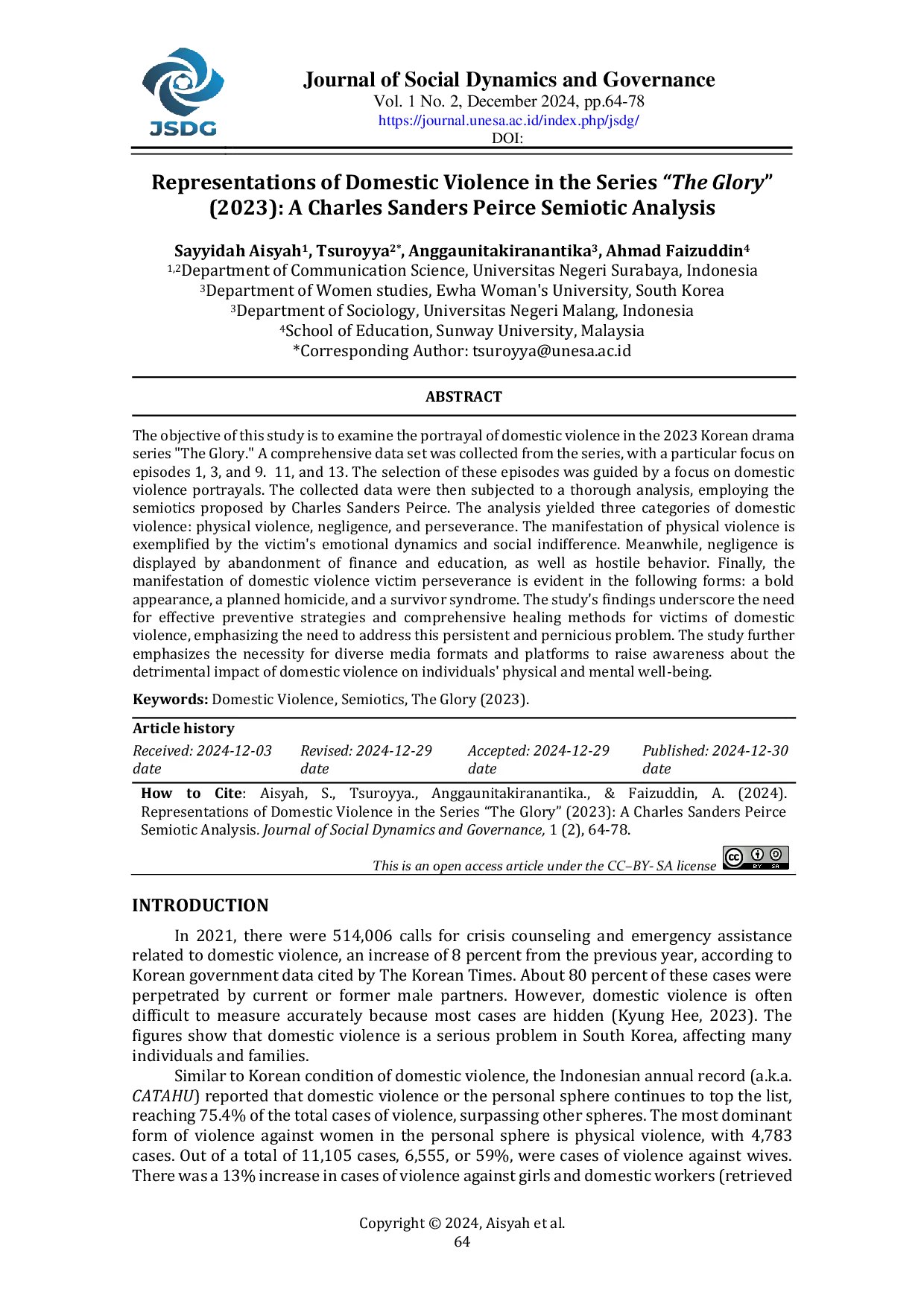 JURIS Representations of Domestic Violence in the Series The Glory 2023 A Charles Sanders Peirce Semiotic Analysis