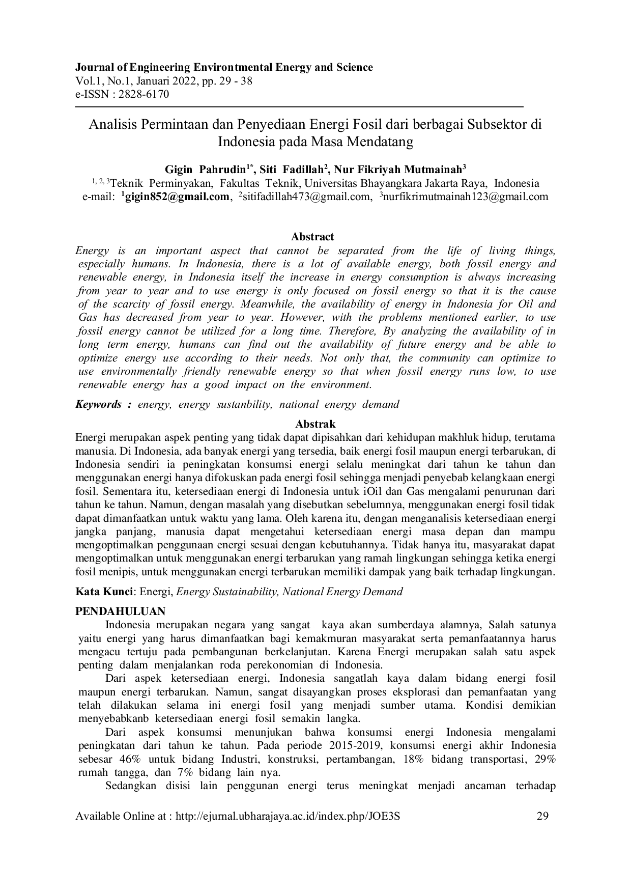 JURIS Analisis Permintaan dan Penyediaan Energi Fosil dari berbagai Subsektor di Indonesia pada Masa Mendatang