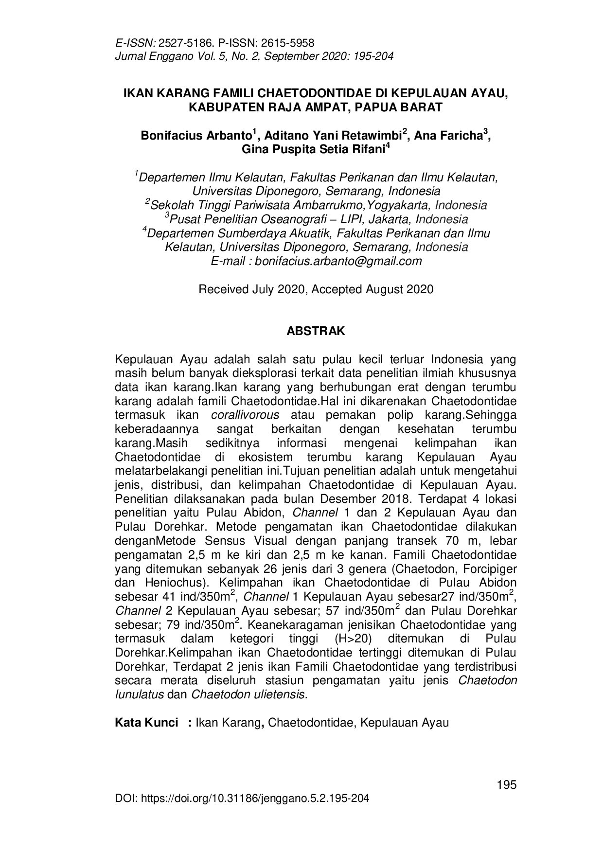 JURIS Ikan Karang Famili Chaetodontidae di Kepulauan Ayau Kabupaten Raja Ampat Papua Barat