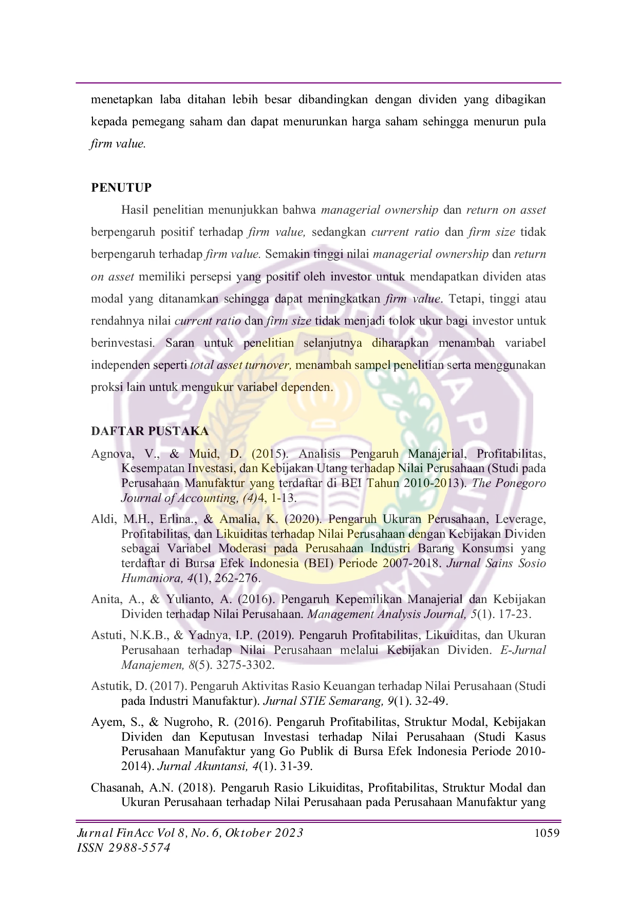 JURIS Pengaruh Managerial Ownership Return On Asset Current Ratio Dan Firm Size Terhadap Firm Value Pada Perusahaan Sub Sektor Makanan Olahan Di Bursa Efek Indonesia