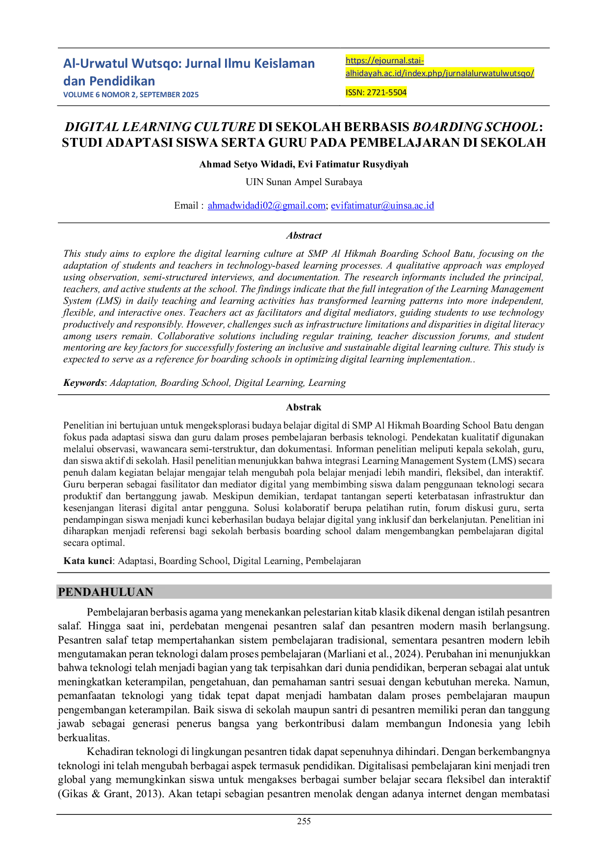 JURIS Digital Learning Culture Di Sekolah Berbasis Boarding School Studi Adaptasi Siswa Serta Guru Pada Pembelajaran Di Sekolah