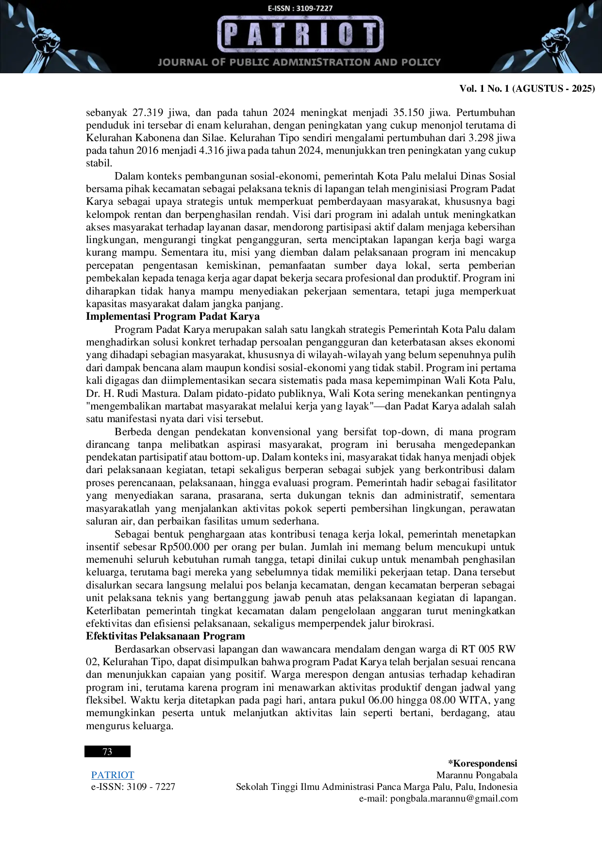 JURIS Implementasi Pemberdayaan Masyarakat melalui Program Padat Karya dalam Meningkatkan Kesejahteraan Keluarga di Kecamatan Ulujadi Kota Palu