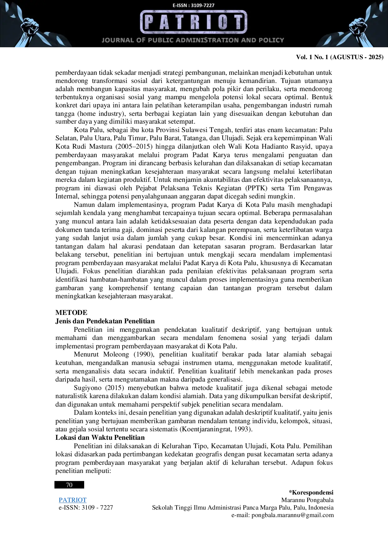 JURIS Implementasi Pemberdayaan Masyarakat melalui Program Padat Karya dalam Meningkatkan Kesejahteraan Keluarga di Kecamatan Ulujadi Kota Palu