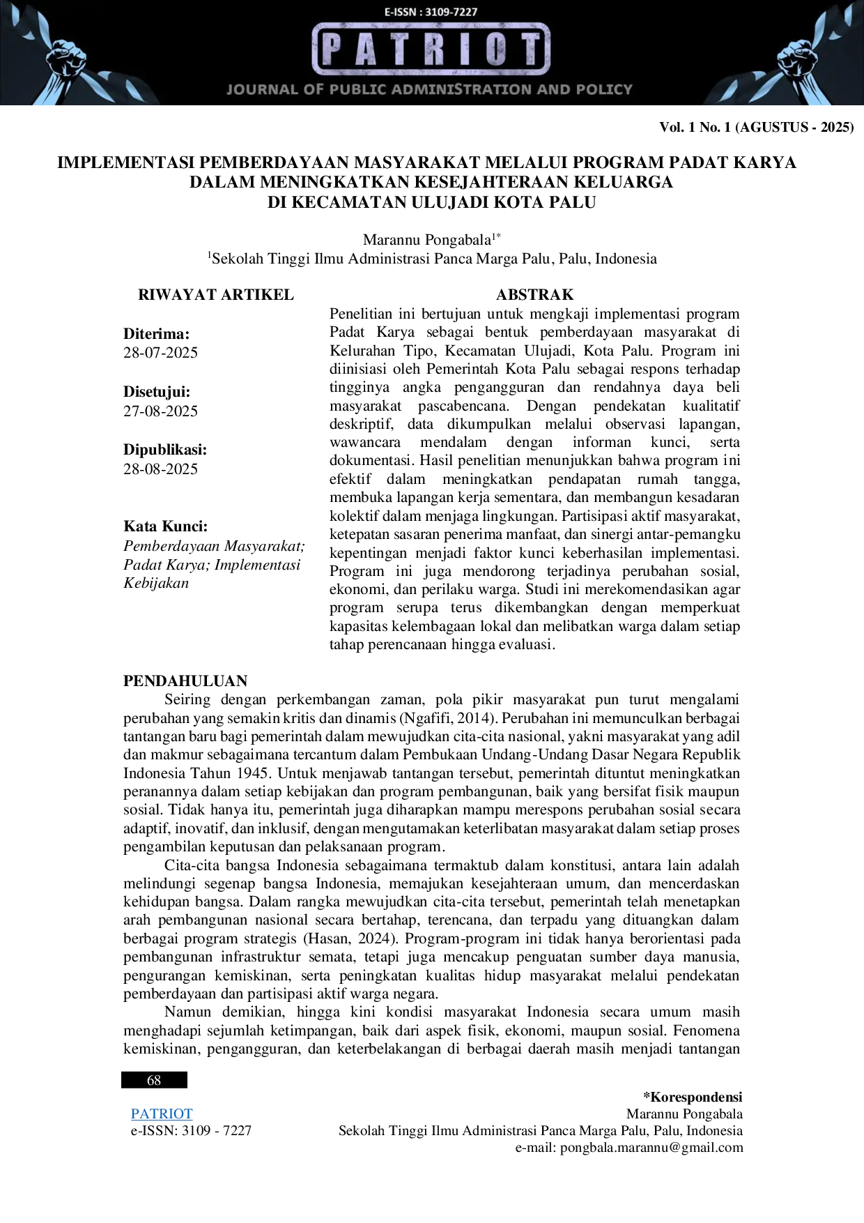 JURIS Implementasi Pemberdayaan Masyarakat melalui Program Padat Karya dalam Meningkatkan Kesejahteraan Keluarga di Kecamatan Ulujadi Kota Palu