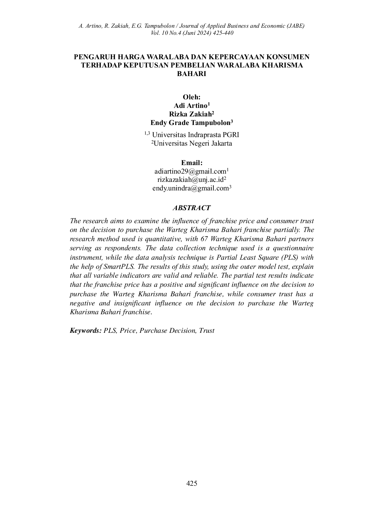 JURIS PENGARUH HARGA WARALABA DAN KEPERCAYAAN KONSUMEN TERHADAP KEPUTUSAN PEMBELIAN WARALABA KHARISMA BAHARI