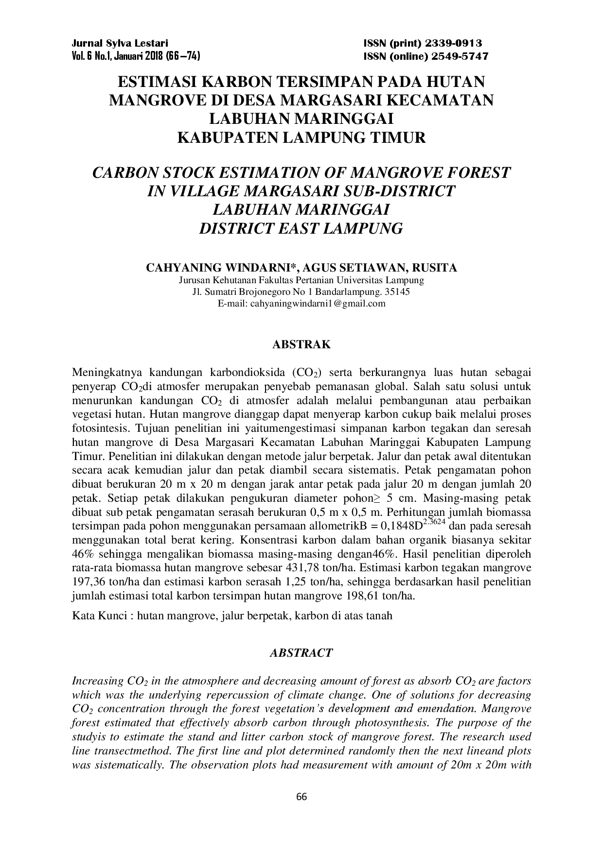 juris Estimasi Karbon Tersimpan pada Hutan Mangrove di Desa Margasari Kecamatan Labuhan Maringgai Kabupaten Lampung Timur Carbon Stock Estimation of Mangrove Forest in Village Margasari Sub District Labuha