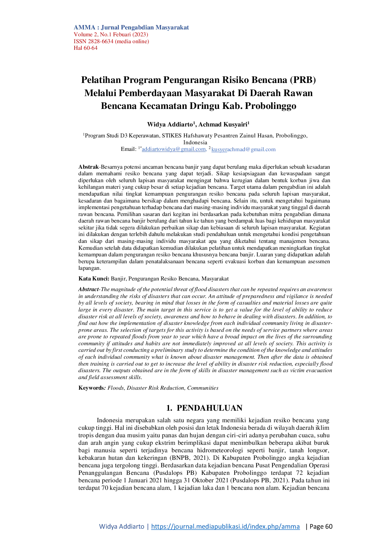 JURIS Pelatihan Program Pengurangan Risiko Bencana PRB Melalui Pemberdayaan Masyarakat Di Daerah Rawan Bencana Kecamatan Dringu Kab Probolinggo