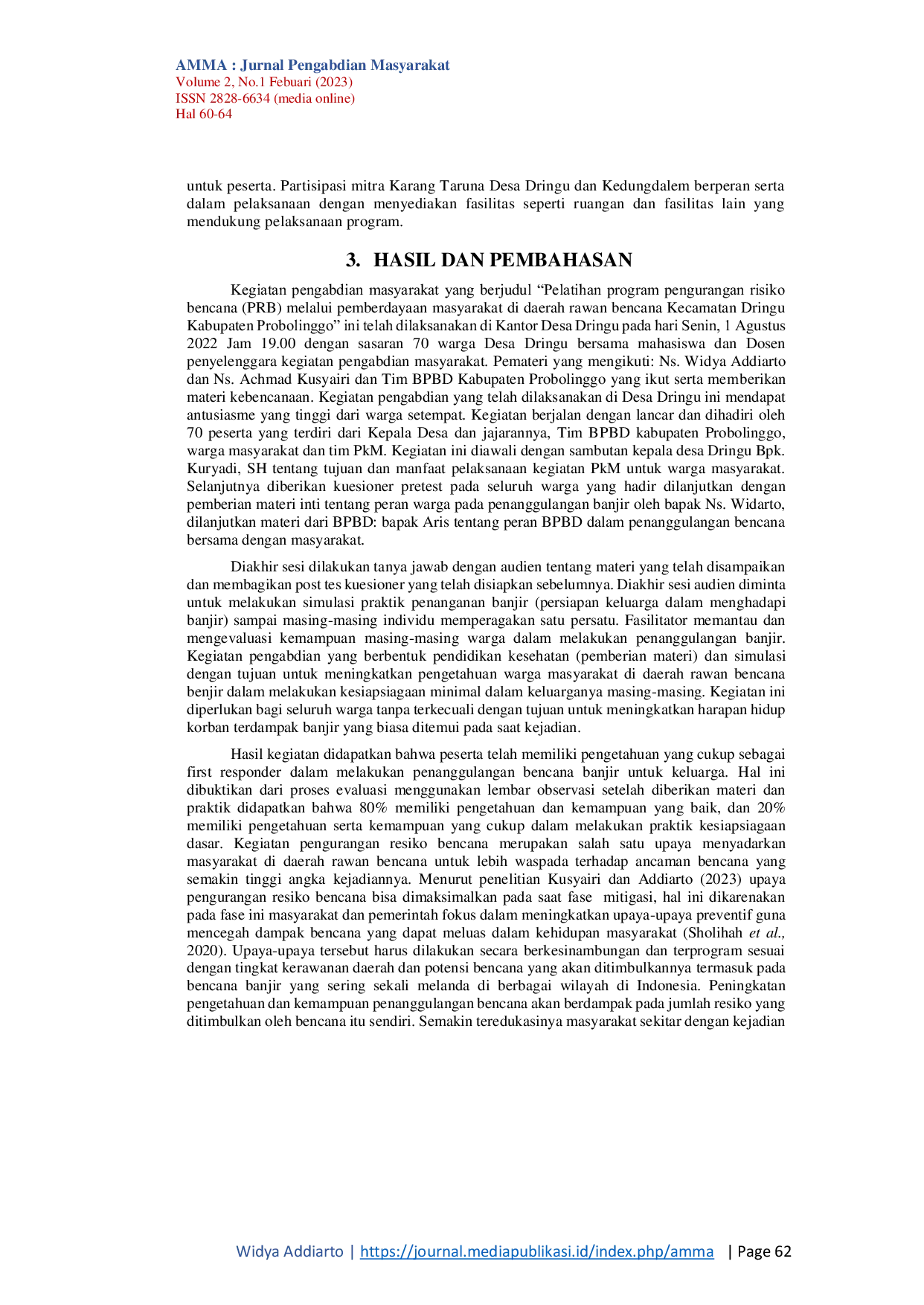 JURIS Pelatihan Program Pengurangan Risiko Bencana PRB Melalui Pemberdayaan Masyarakat Di Daerah Rawan Bencana Kecamatan Dringu Kab Probolinggo